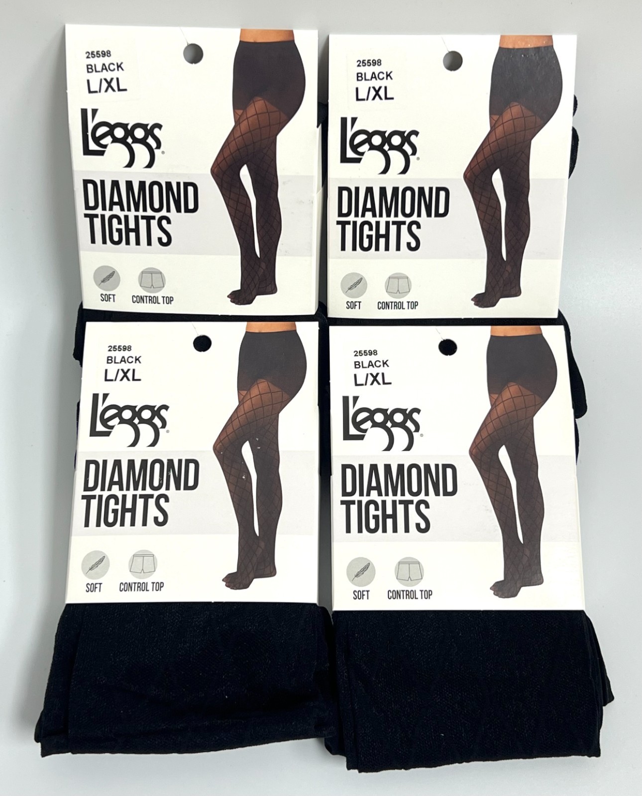 4 PACK – Leggs – Diamond Tights – Soft, Control Top – Black – Size L/XL – 25598