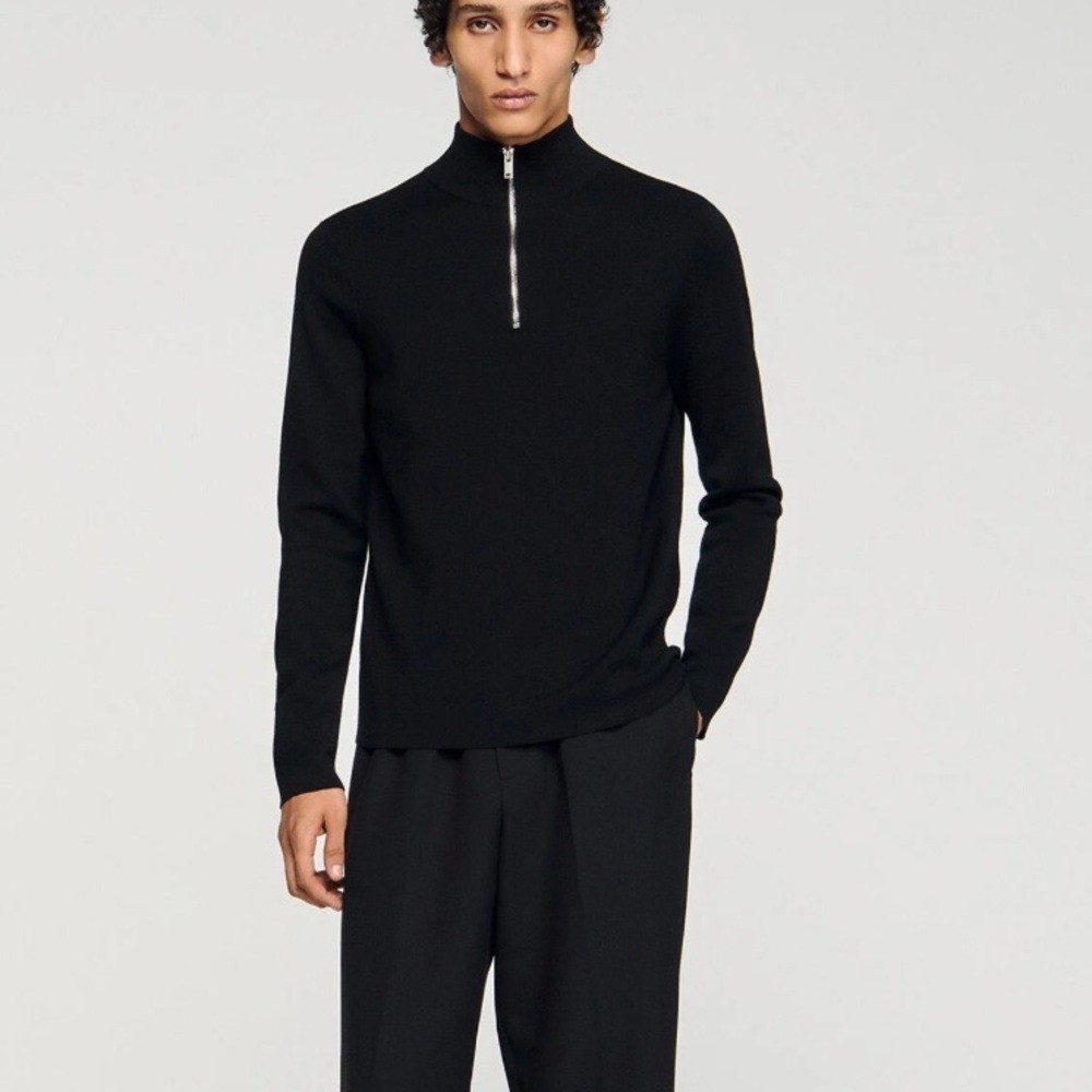 Sandro Black Quarter-Zip WOOL men’s SWEATER WITH ZIPPED COLLAR