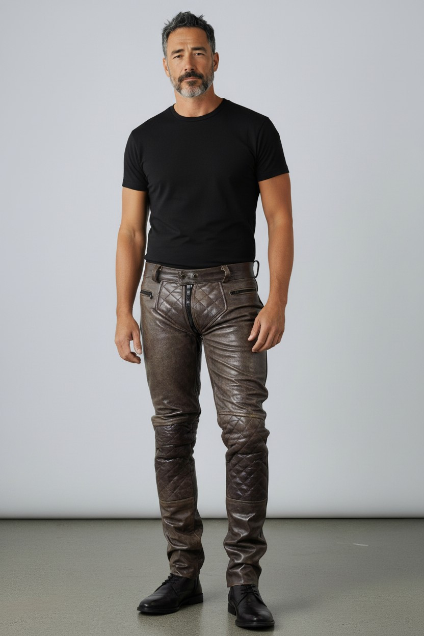 Men’s Real Distressed Leather Bikers Pants Quilted Panels Bikers / BLUF Pants