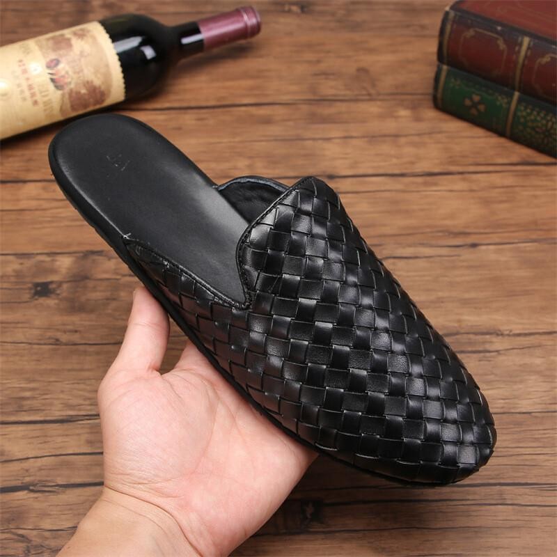 Men’s Leather Woven Slippers Flats Closed Toe Mules Handmade Casual Club Sandals