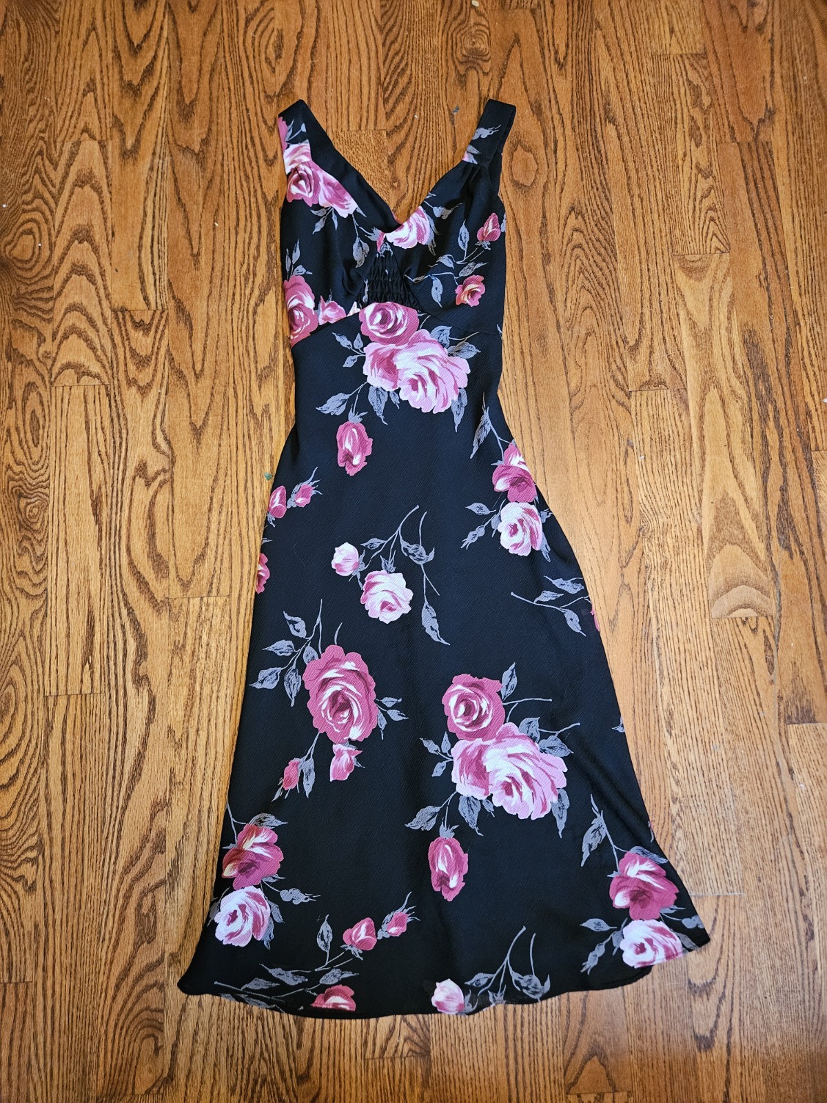 Nine & Company vintage 90s Black Pink Floral Chiffon Ruffle Midi Dress 4