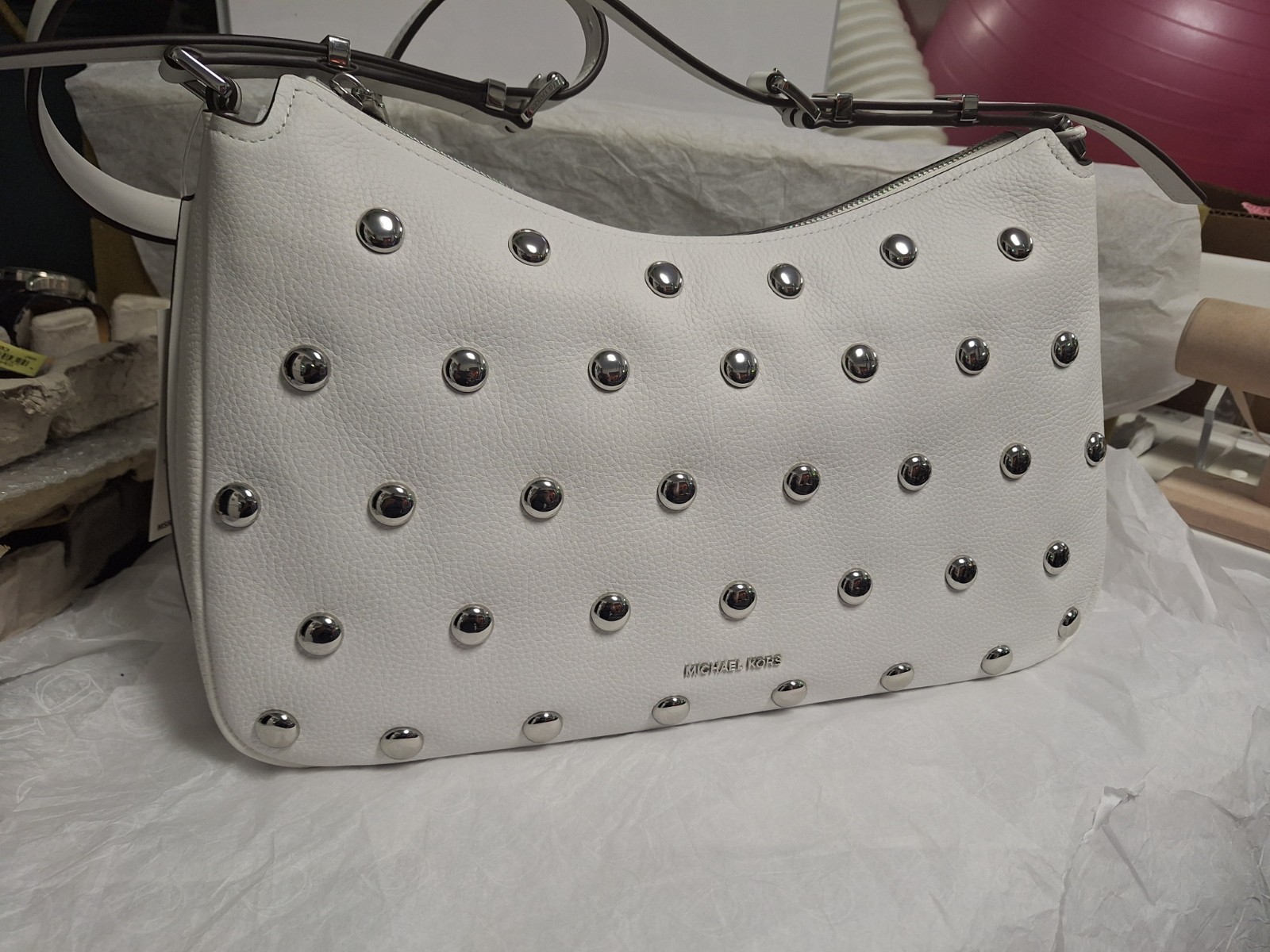 Michael Kors Nolita Medium Zip Convertible Shoulder Bag Optic White Leather