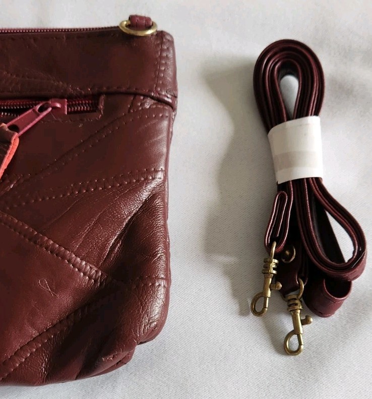 MATCH Patchwork Rich Burgundy Leather Clutch Purse 11x7in long strap Zip Top New