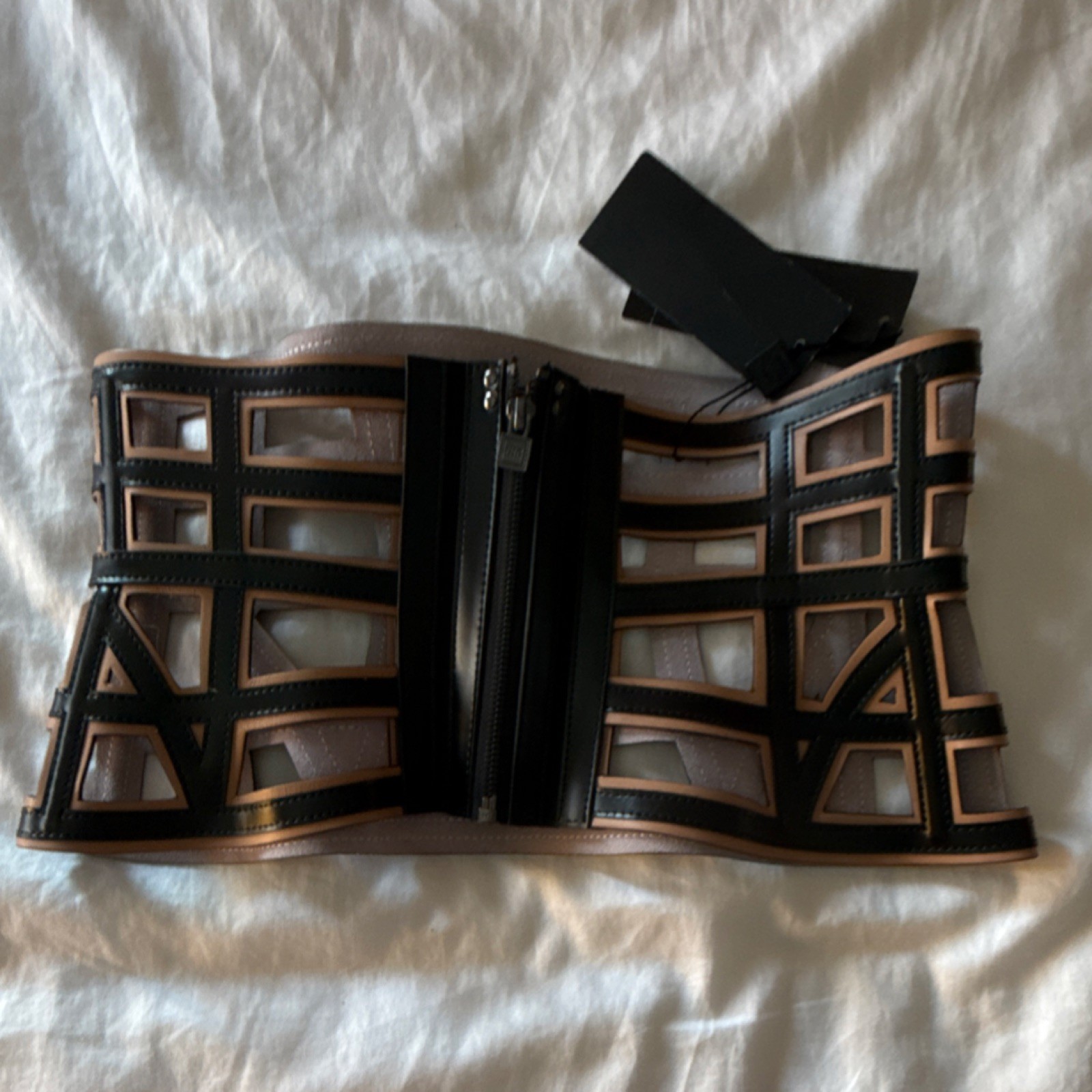 Herve Leger Leather Mesh Underbust Corset Black Beige Zip Boned Geometric XS/S