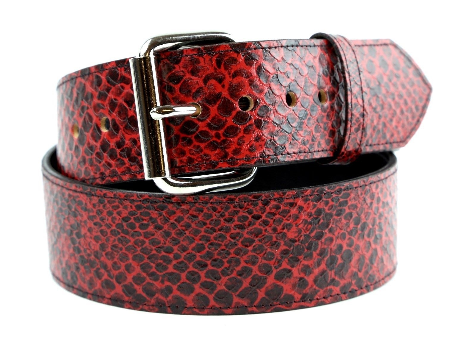 Red Python Snake Embossed Vegan Leather Belt Removable Buckle 1.75″ Wide 44mm