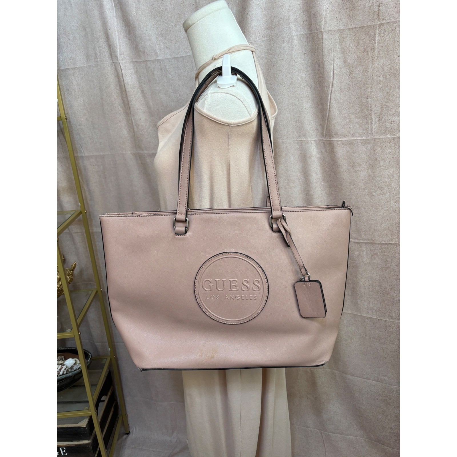 Guess Los Angeles Blush Pink Saffiano Faux Leather Tote Bag Zippered Handbag