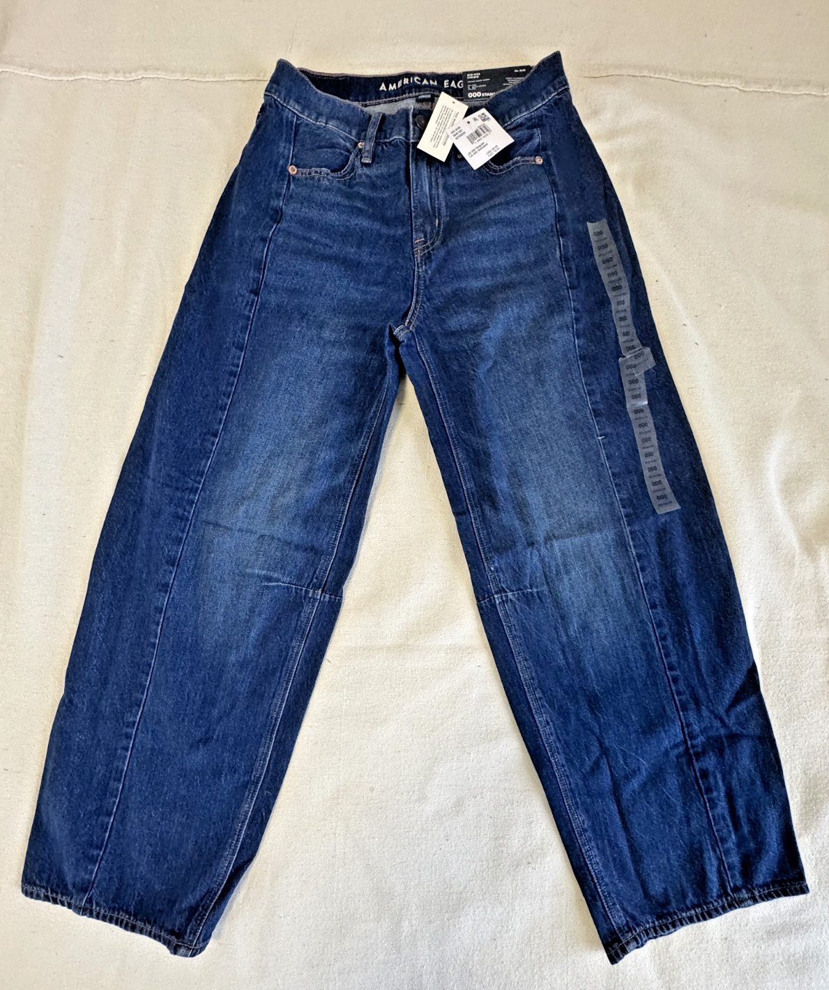 American Eagle Womens Dreamy Drape Barrel Mid Rise Blue Strigid Jeans NWT