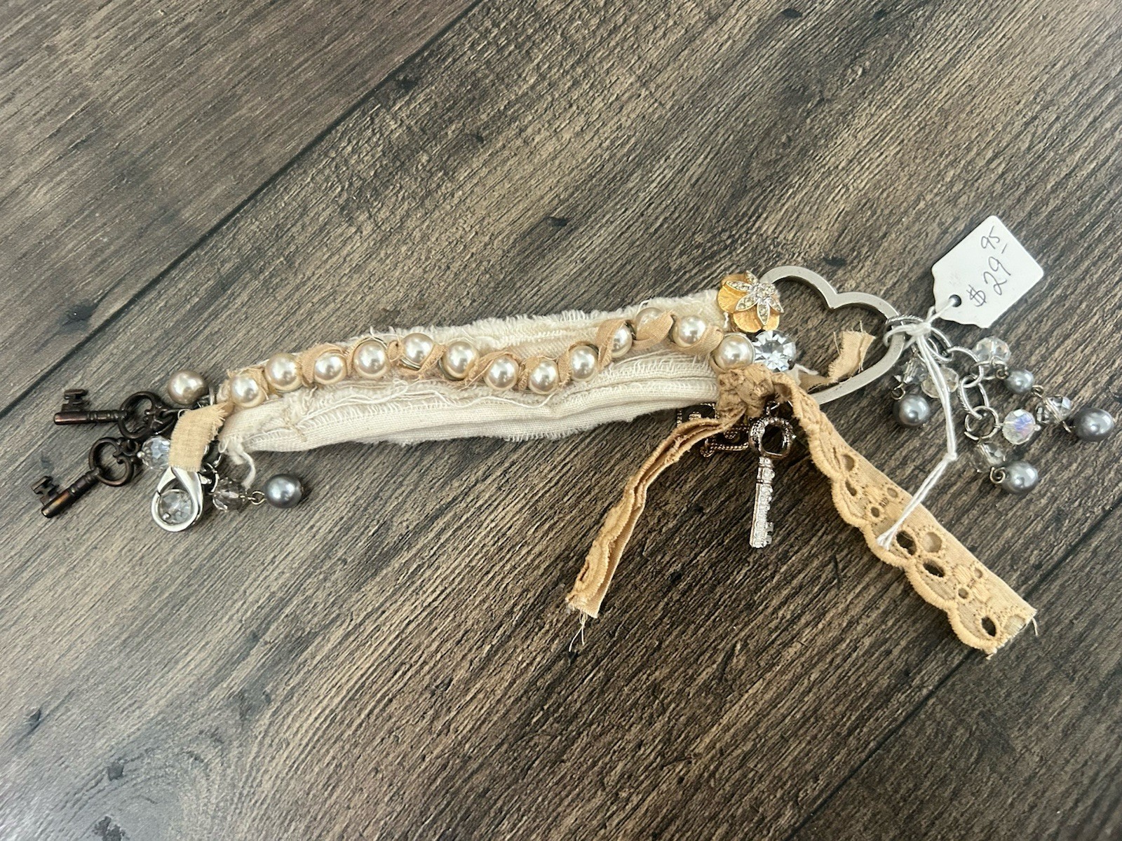 Cream Silver Fabric Faux Pearl Beaded Lace Key Charm Key Chain Clip or Bracelet