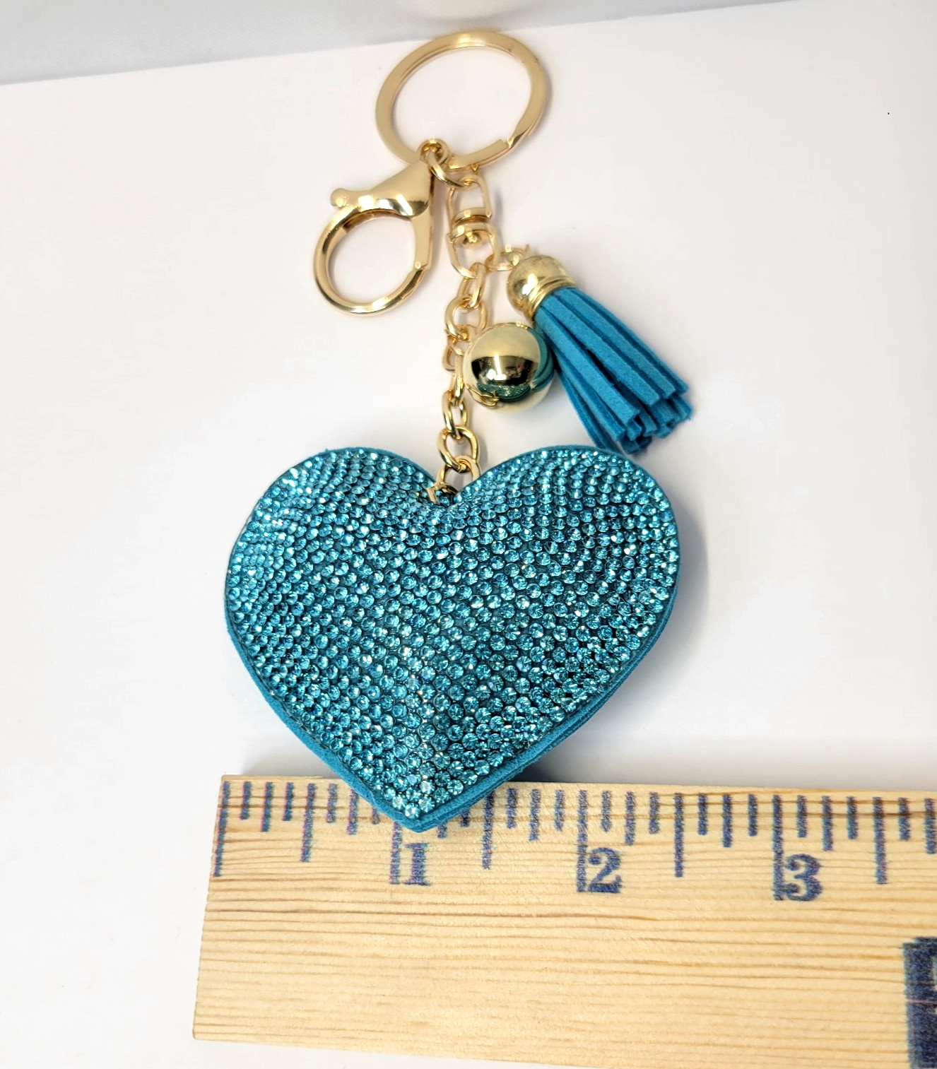Heart Rhinestone Bling Bag Charm Keychain Tassel Blue Sparkle NEW