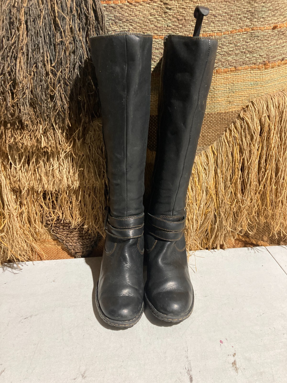 Born Womens 7.5M/W Leather Tall Boots Black Buckle Strap
