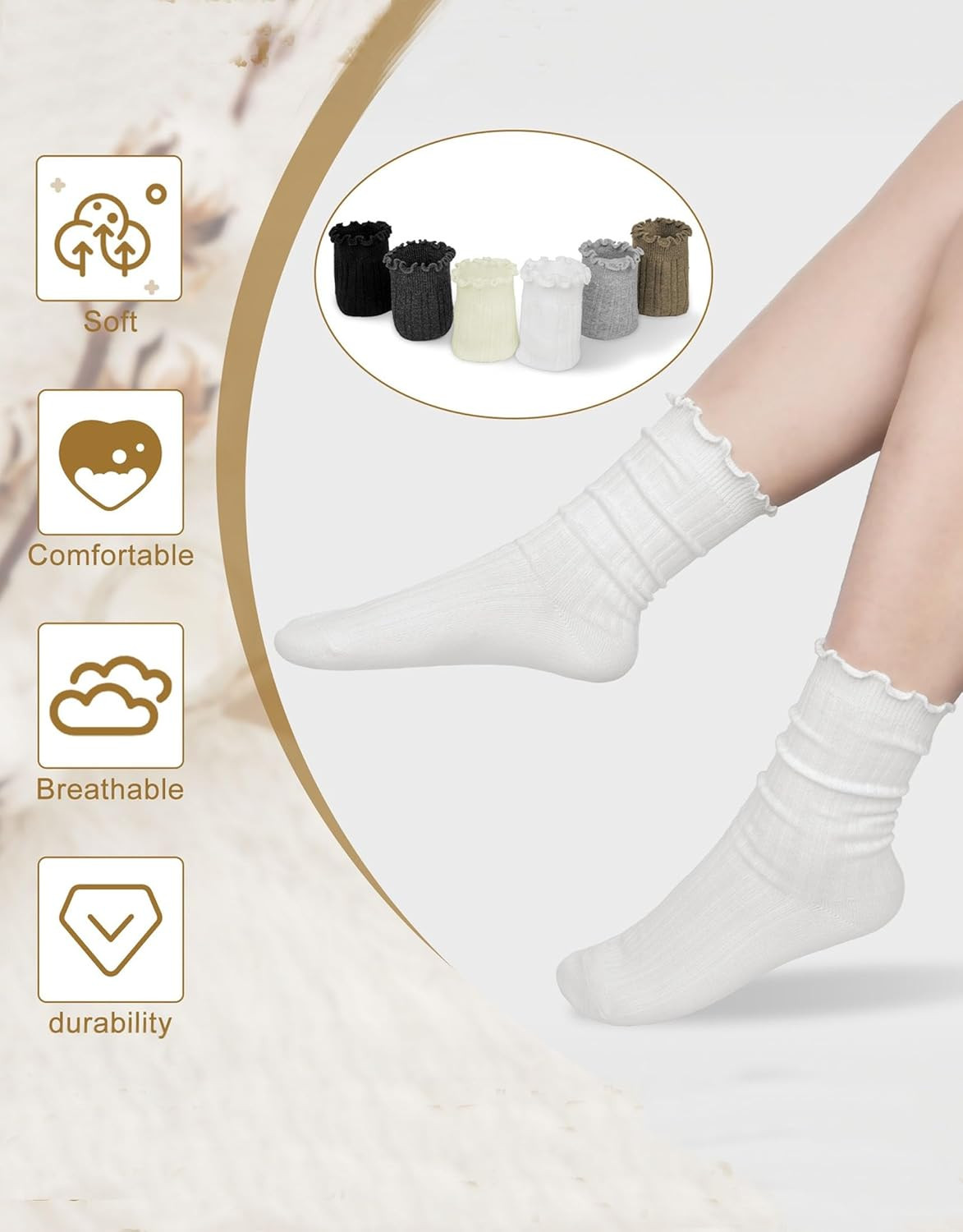 6 Pairs Womens Ruffle Socks Cute Frilly Cotton Turn Cuff Casual Crew Slouchy Soc