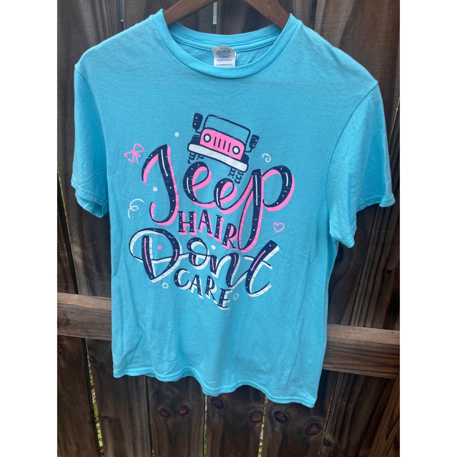 Jeep Hair Don’t Care Graphic T-Shirt Adult Medium Turquoise Blue GOOD CONDITION