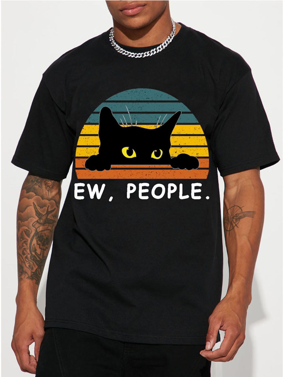 Ew People Shirt – Funny Black Cat Graphic Tee – Retro Sunset Introvert Gift