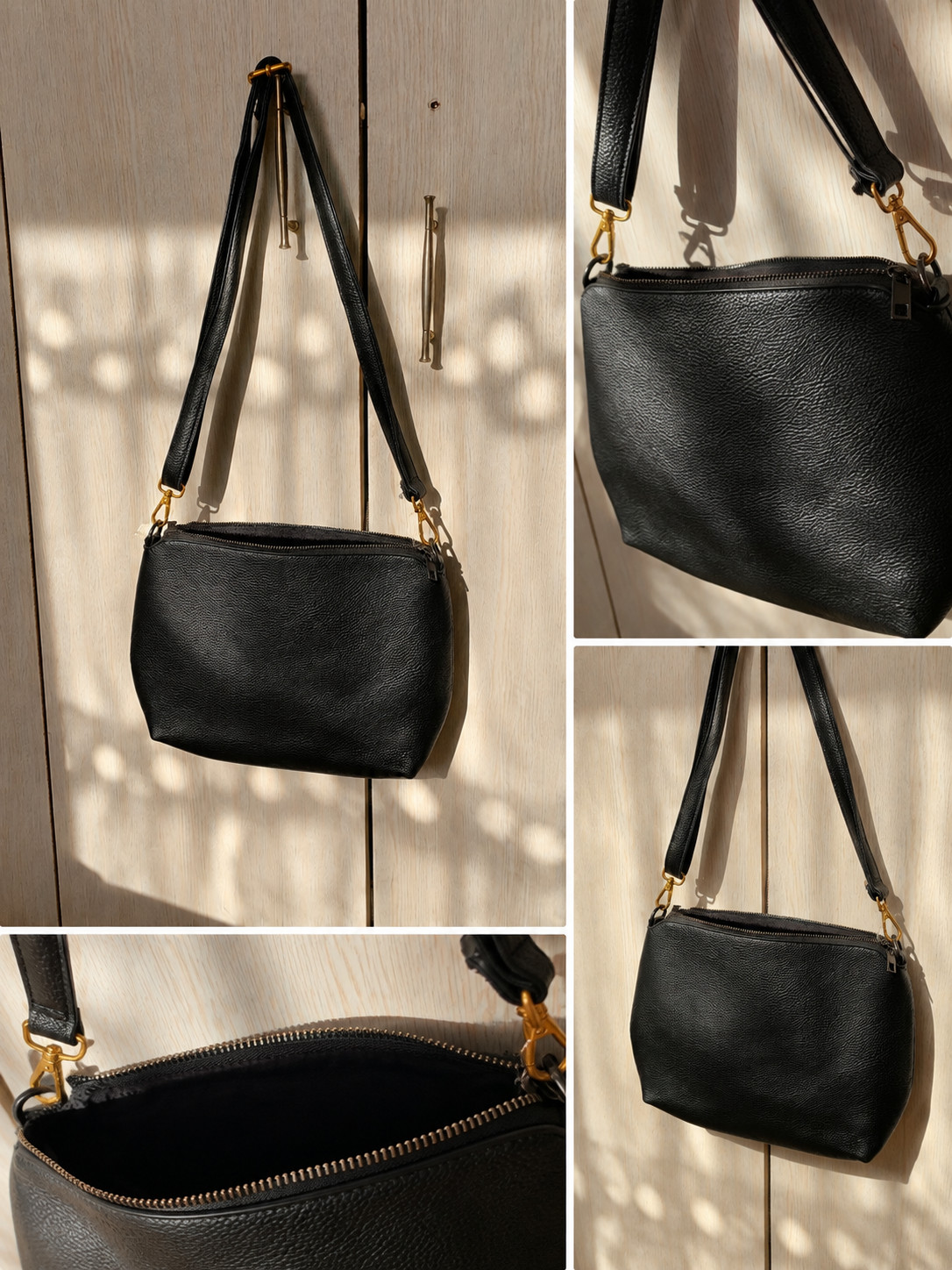 Women’s Black Crossbody Bag Faux Leather Adjustable Strap Gold Tone Hardware