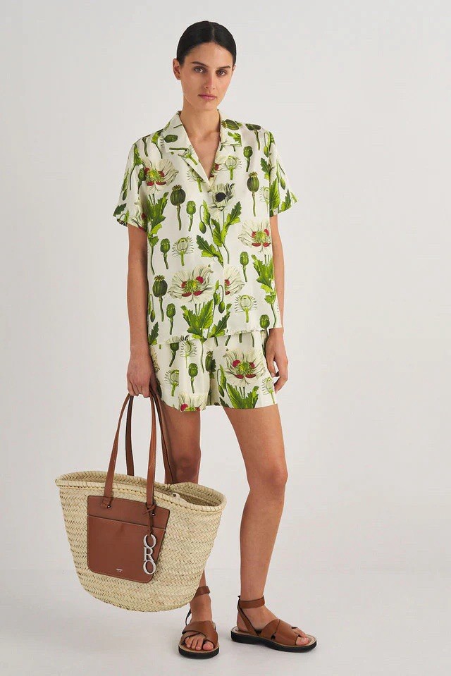Oroton Garden Poppy Camp Shirt Size 12 AU / 8 US Silk Botanical Green