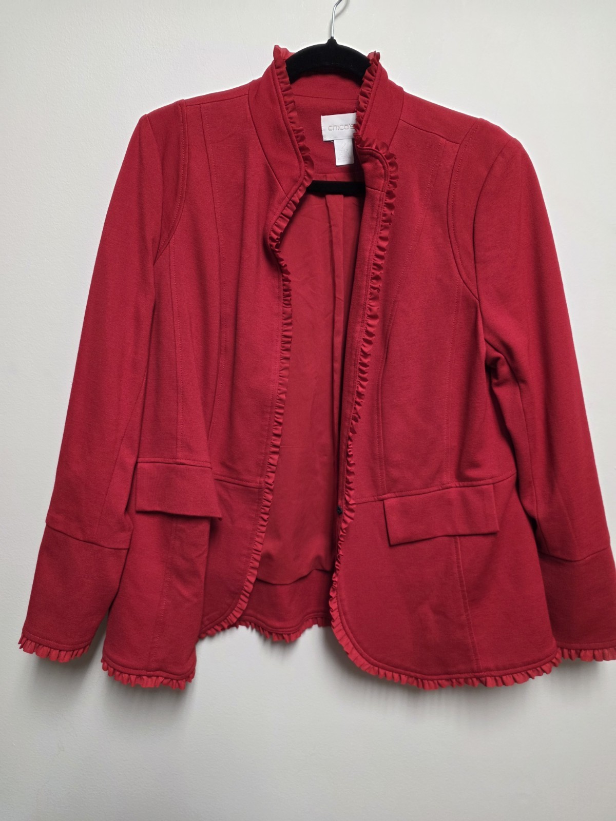 Chico’s Red Ponte Knit Blazer Size 2 (L/12) Ruffle Trim EUC