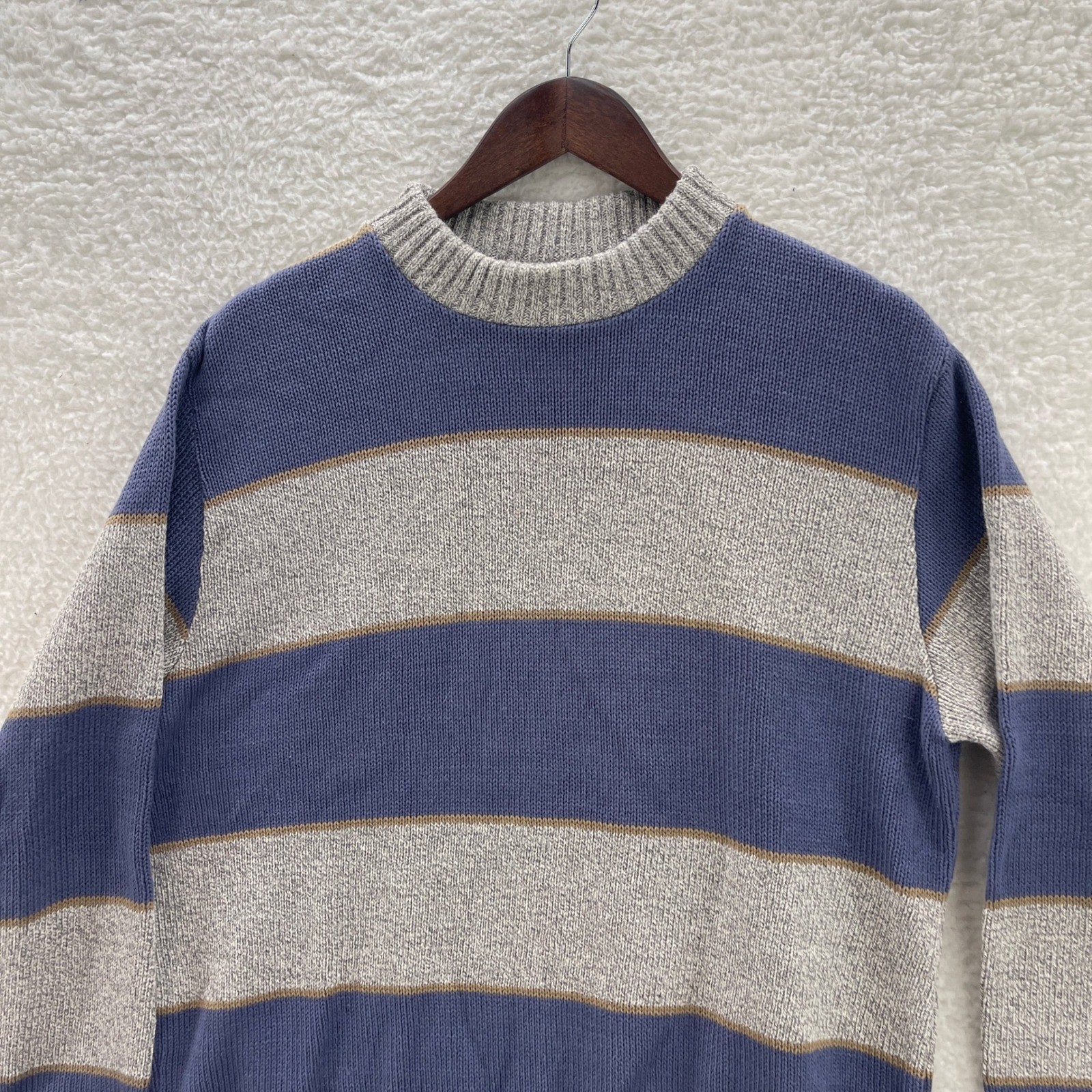 Vintage Eddie Bauer Sweater Mens XL Gray Blue Striped Fisherman Chunky Granola