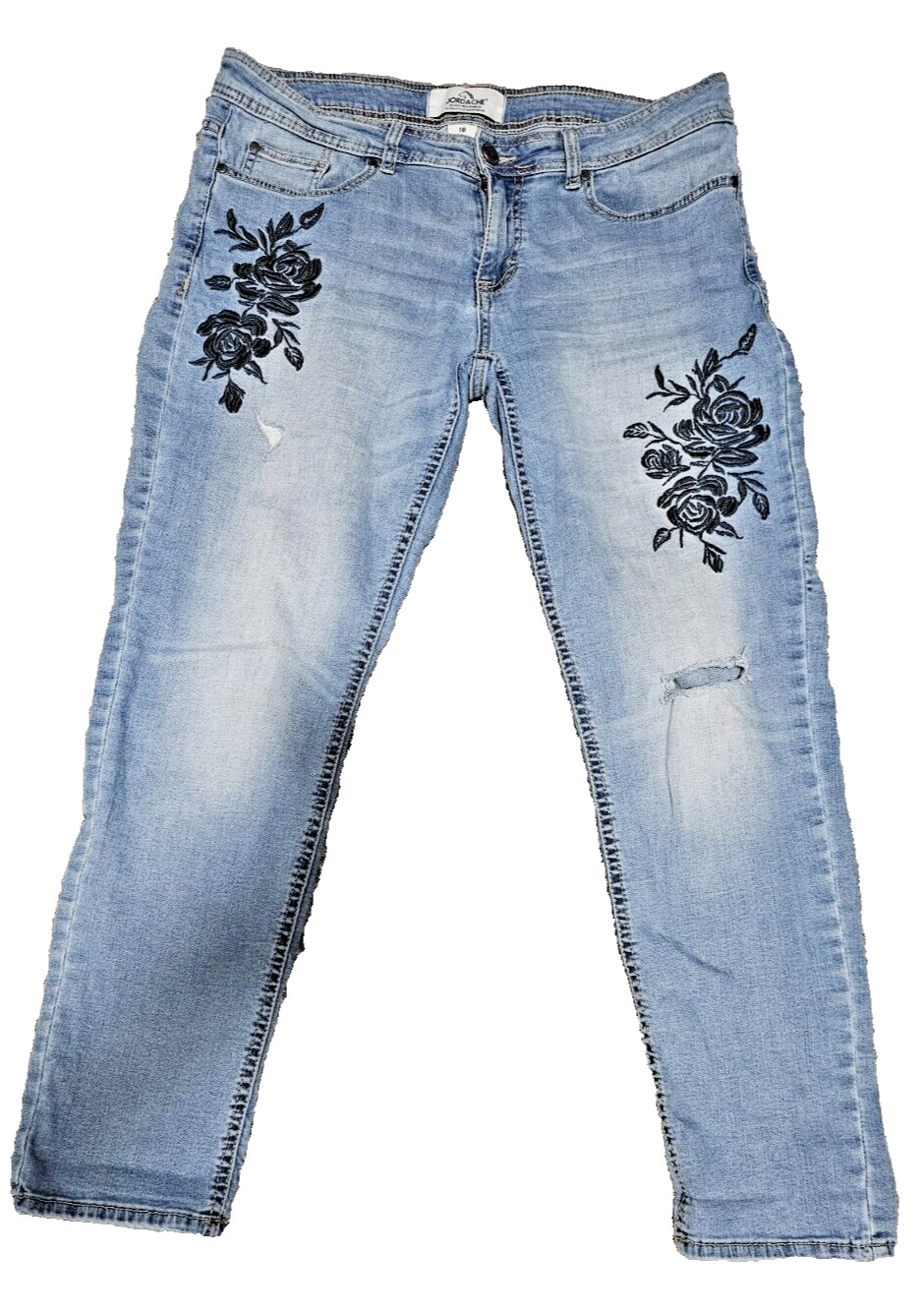 Vtg. Jordache Distressed Tapered Leg High Rise Jeans W/Embroidered Flowers S 10