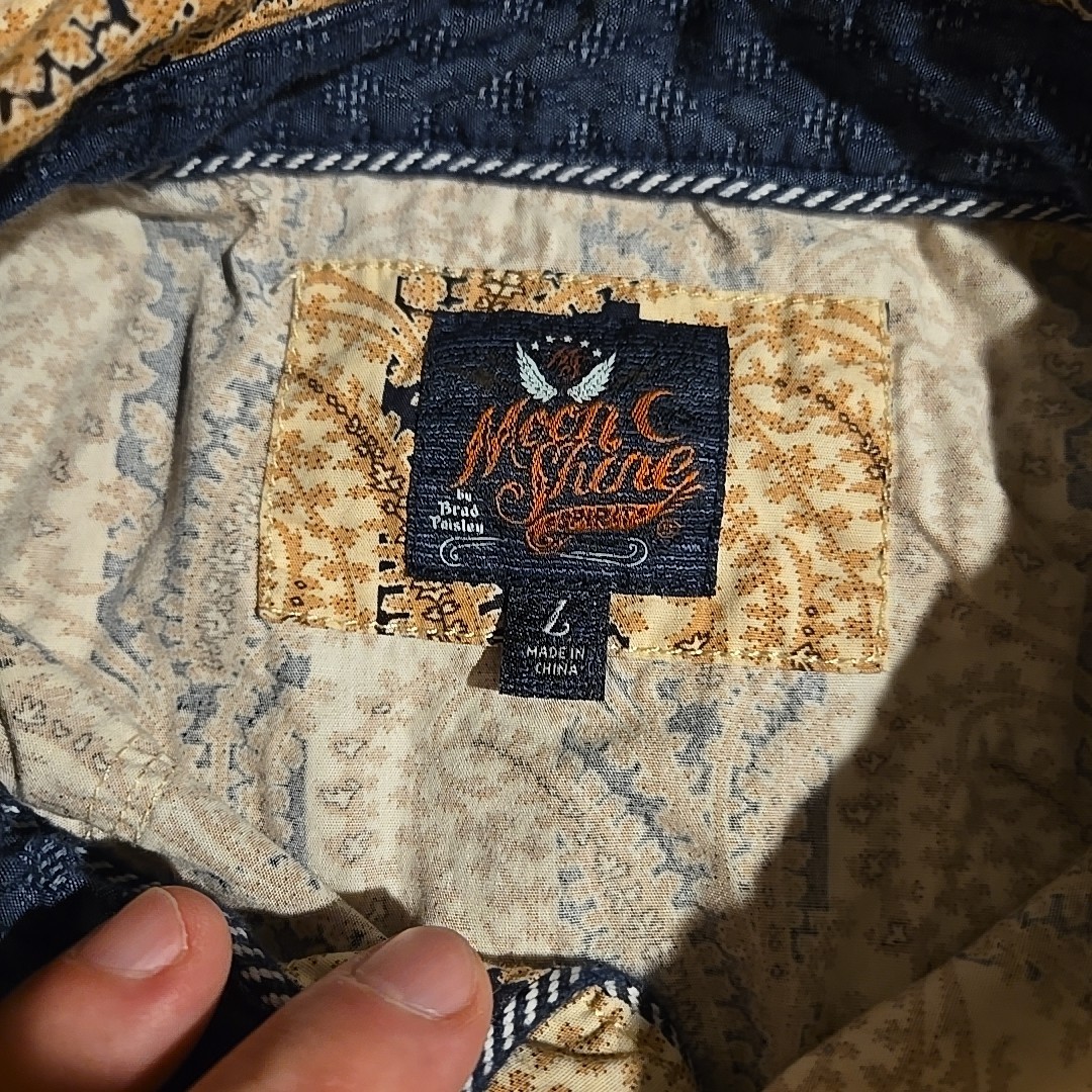 Moon Shine Spirit Shirt Men Large Gold Paisley Saw Tooth Pearl Snap Western