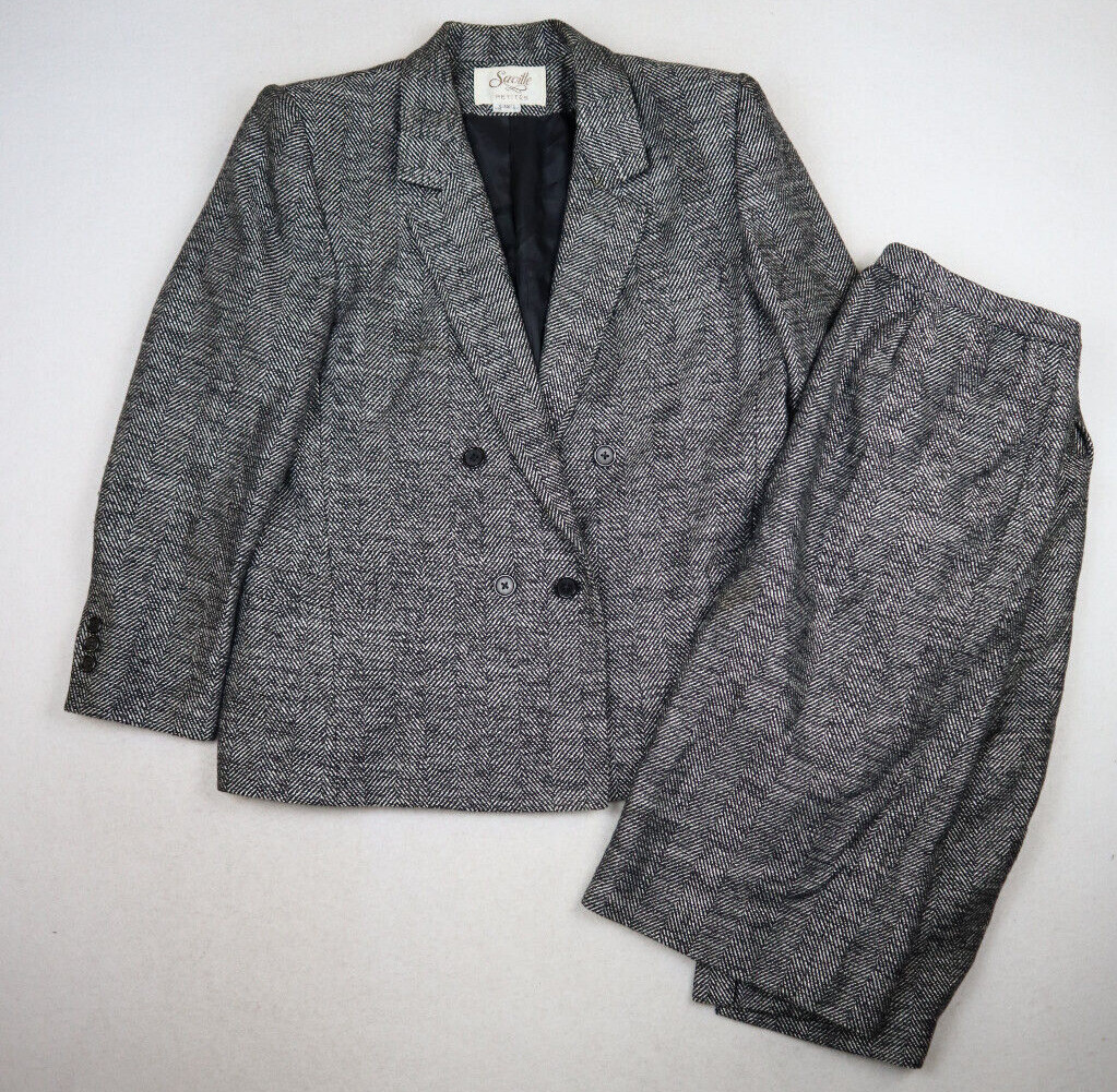 VINTAGE WOMEN’S BLACK & WHITE HERRINGBONE SKIRT SUIT – SAVILLE – SIZE 12P