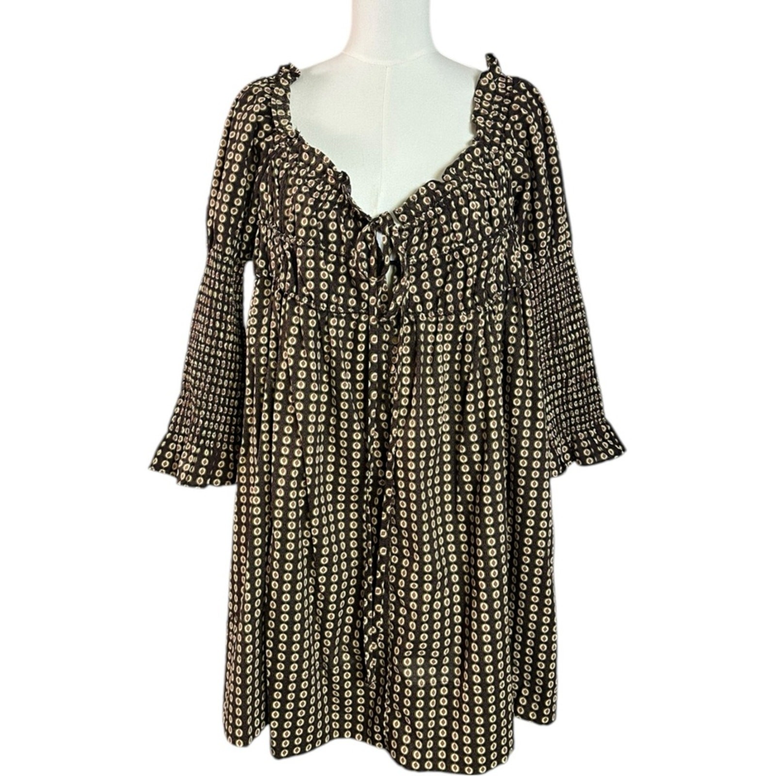 Free People Retro 70s Babydoll Star Dip Mini Dress in Black Combo Size Large