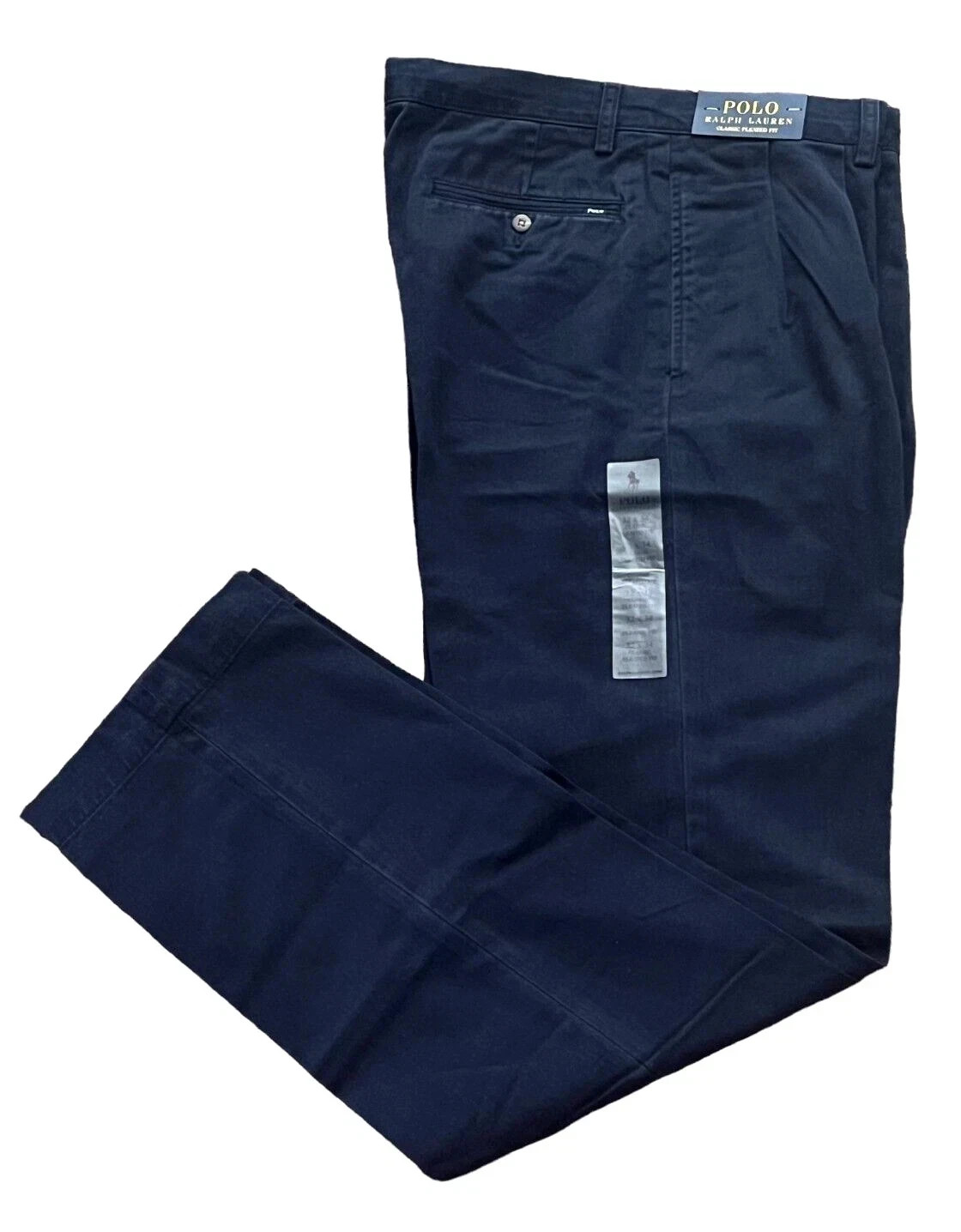 Men Polo Ralph Lauren Logo Chino Classic Fit Pleated Golf Work Pants Navy 32 34