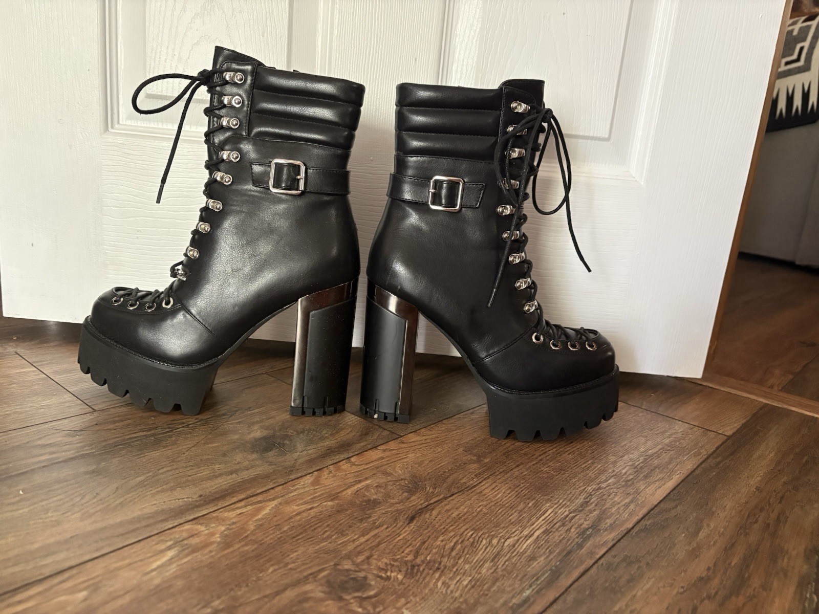 Black Platform Boots Sz 8 Corset Style Open Laces Goth Cyber Club Comfortable