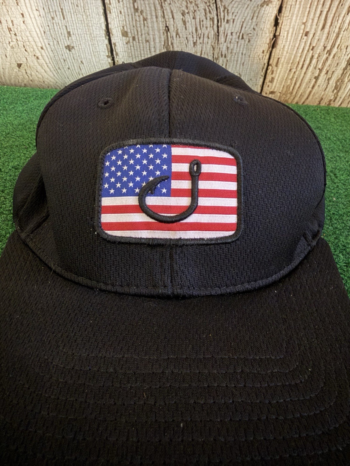 Avid Men’s Black Merica Patriotic Fishing Hook Snapback Hat Cap OSFA
