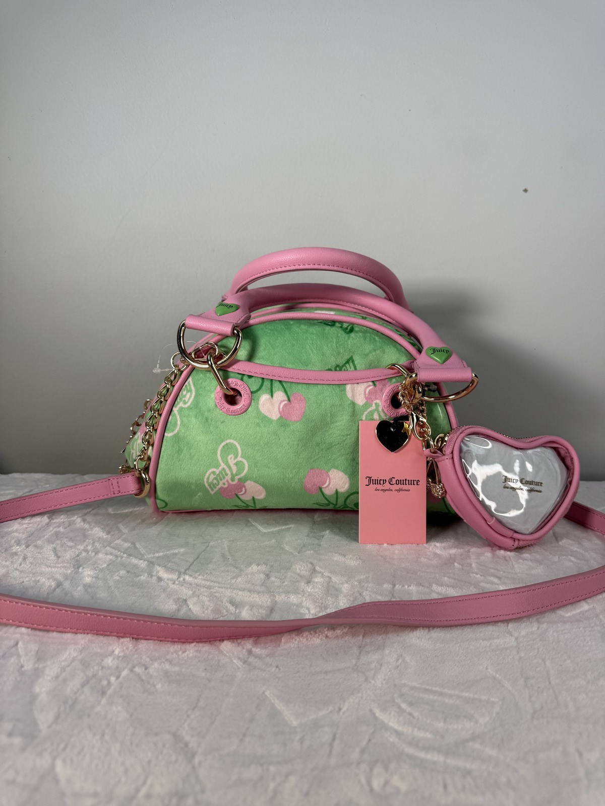 Juicy Couture mini barrel bag green cherry print