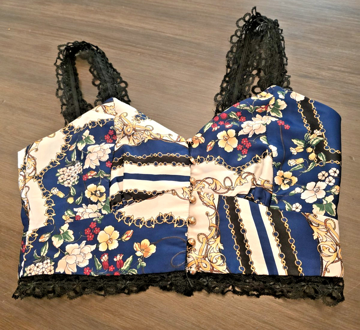 Elliatt Florentine Crop Top Black Lace Trim Blue & Gold Button Front Sz S