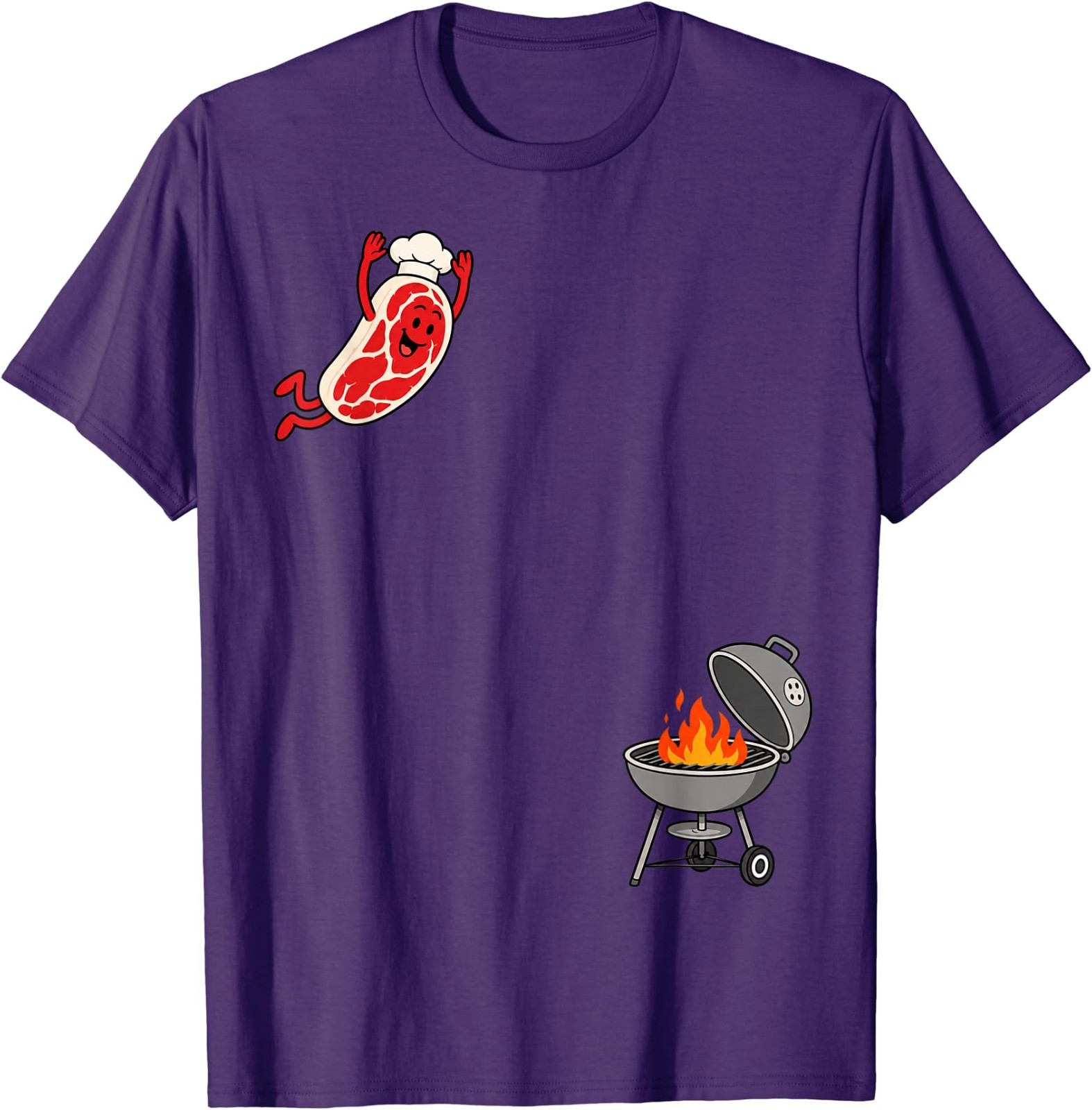 Funny Chef Steak Jumping Into BBQ Grill Cartoon T-Shirt