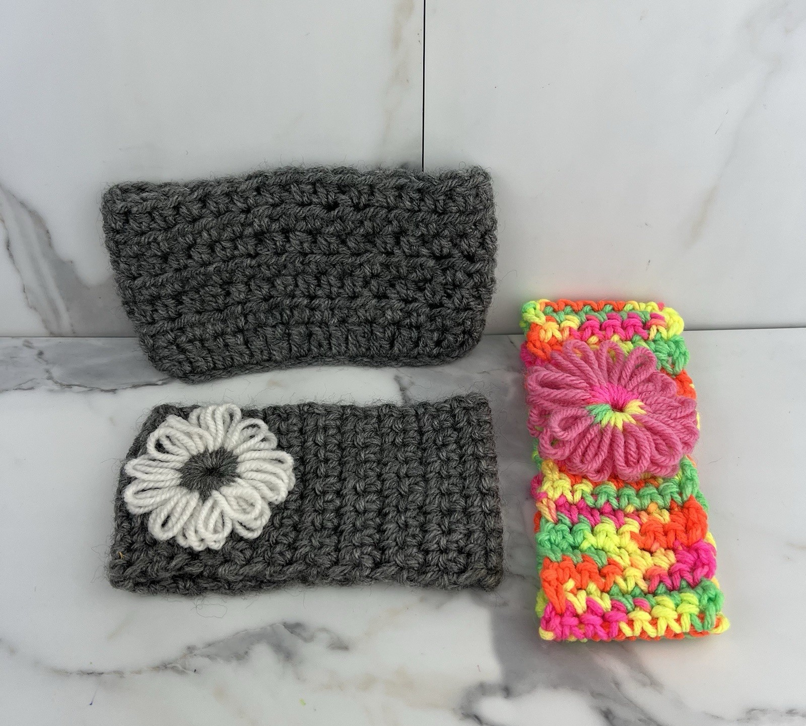 Handmade Crochet Headband Ear Warmer Gray Multicolor Flower Accents Set of 3