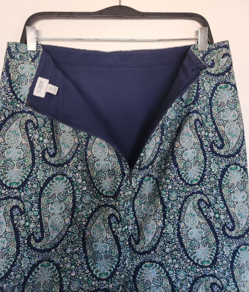 J Crew Pencil Skirt Paisley, Size 12, Cotton, Navy Teal Green +, Orig. ~$90!
