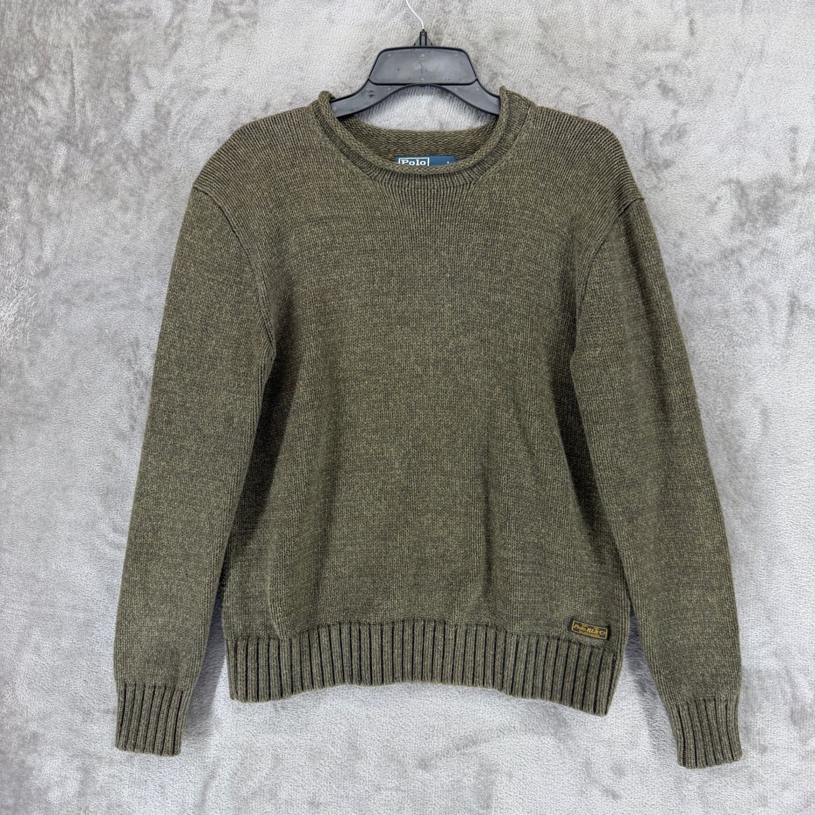 Polo Ralph Lauren Mens S Olive Green Cotton Knit Roll Neck Sweater Marl Ribbed