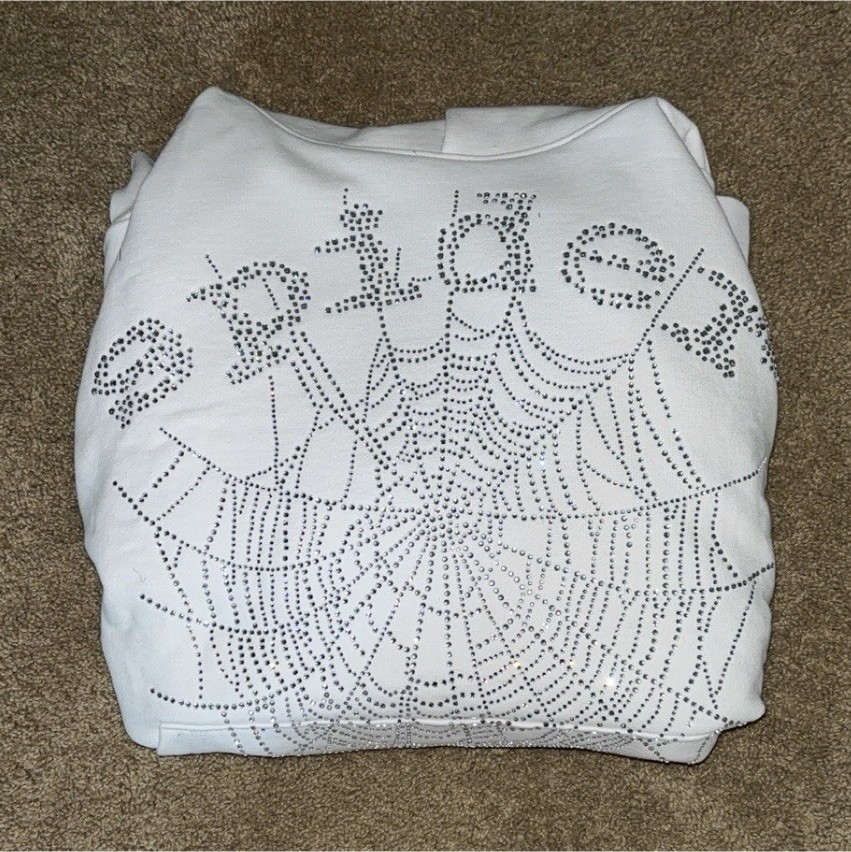 Sp5der OG White Rhinestone Hoodie, NOT POLYESTER, 1:1 Quality Replica