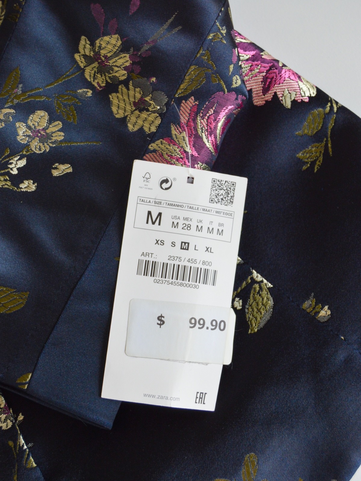 Zara Basic Floral Jacquard Tuxedo Blazer Black w Pink and Gold Flowers NWT Sz M