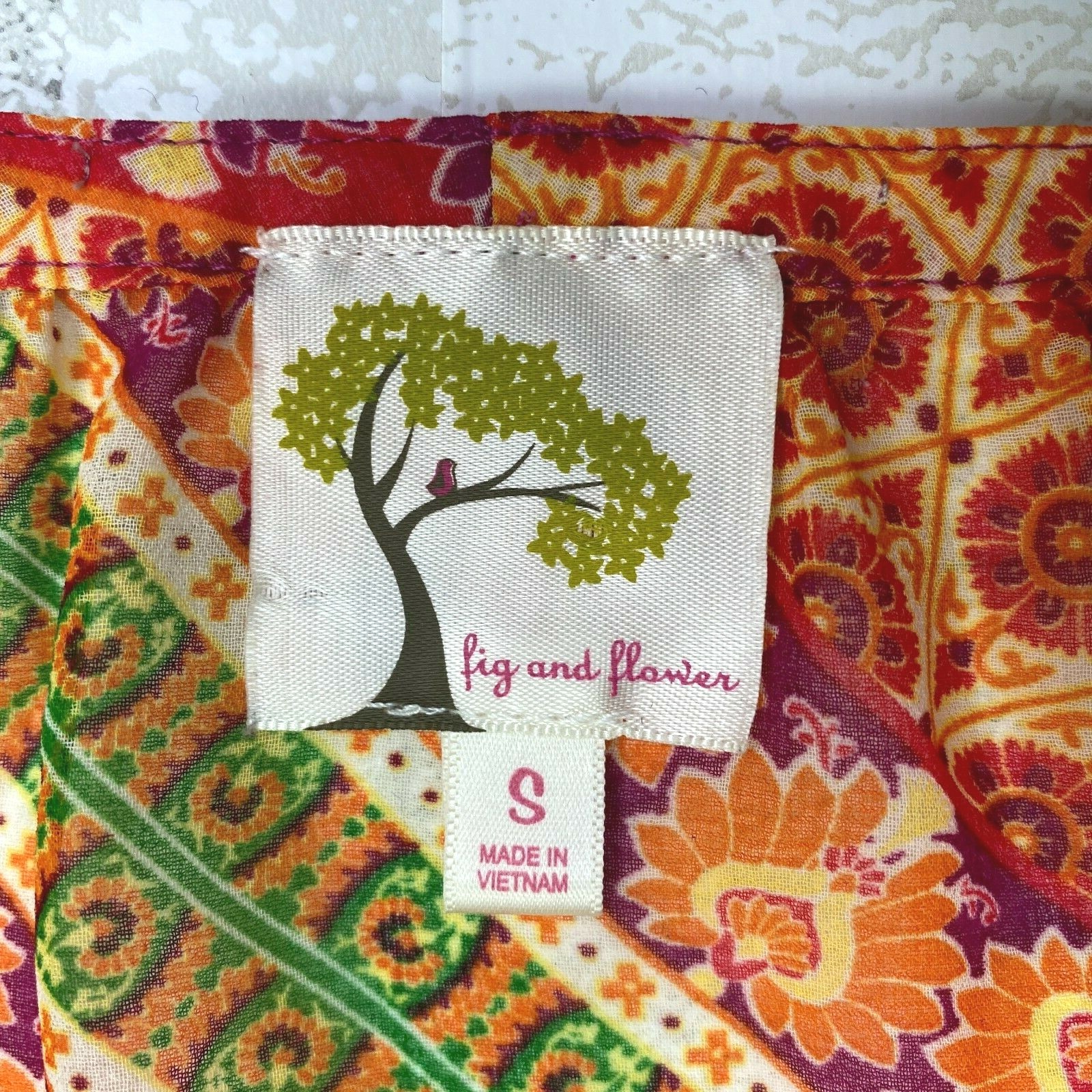 Fig & Flower Peasant Top Womens S Colorful Mixed Print Boho Semi Sheer