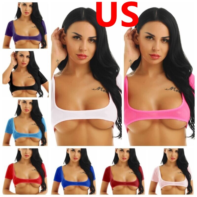 US Women’s Sheer Mesh Open Bust Crop Top Short Sleeve Blouses Belly Dance Tops