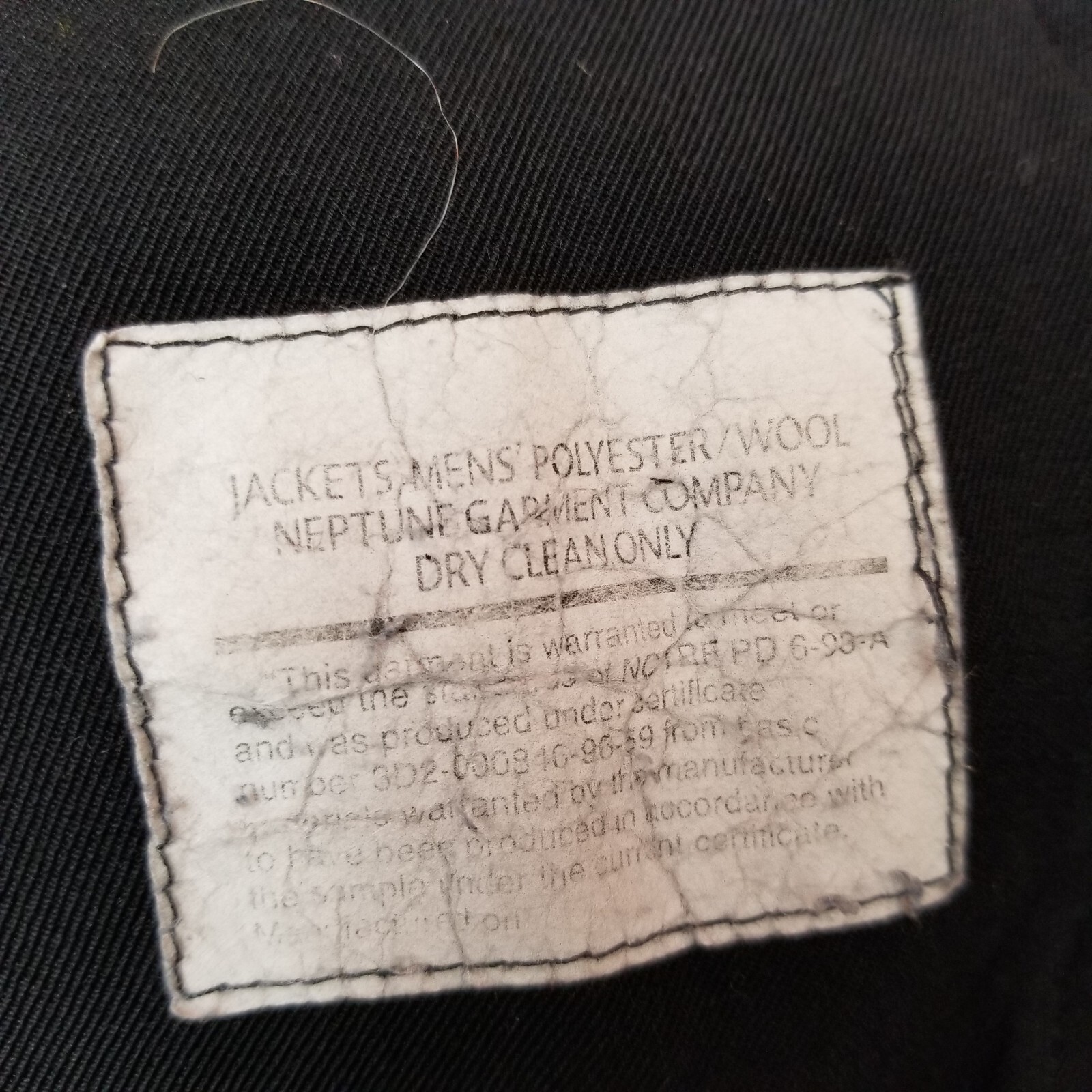 Neptune Garment Co Mens 46 Long Black Polyester Wool Full Zip Jacket