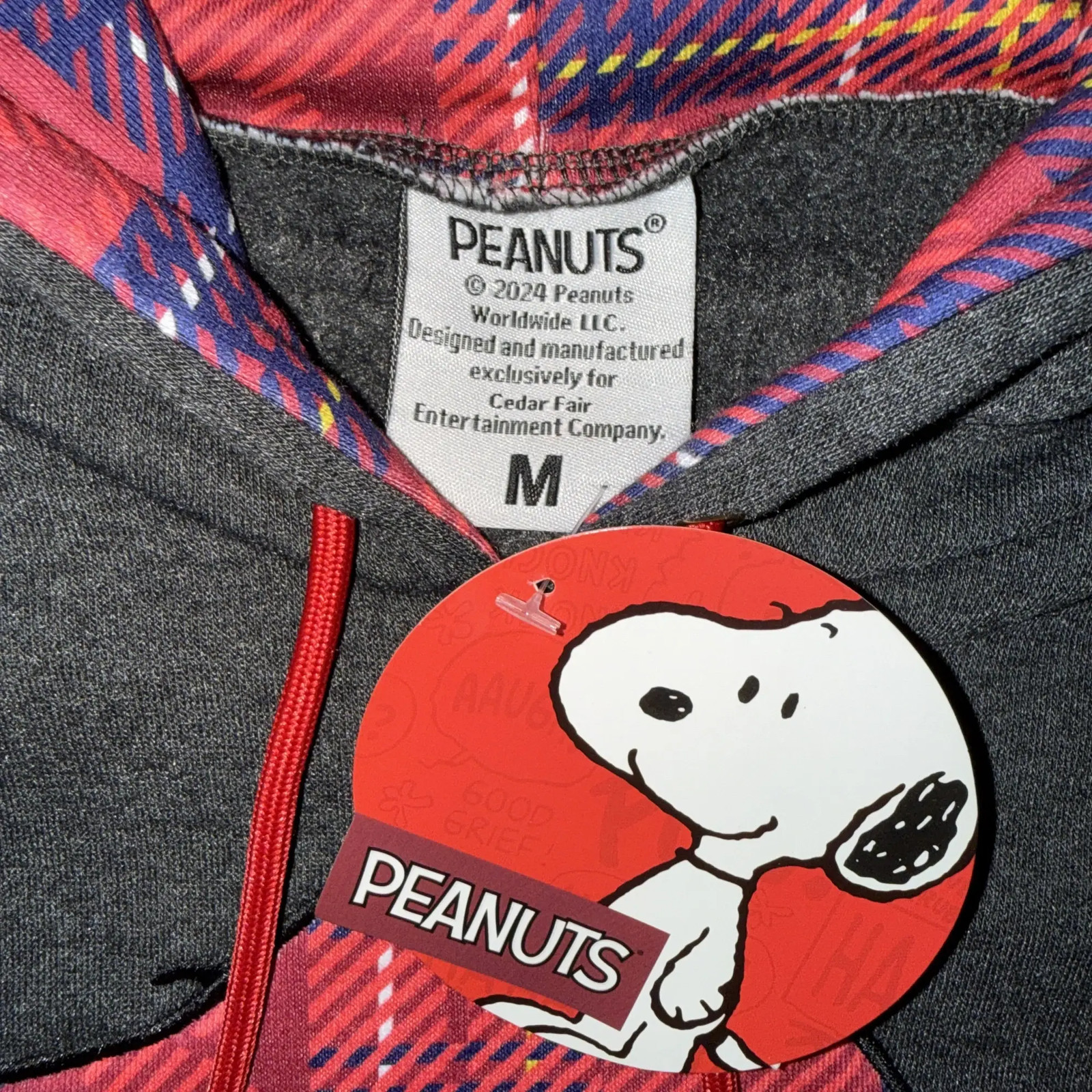 Peanuts Snoopy Applique Pullover Hoodie Dark Heather Gray Red Plaid Womens M NEW