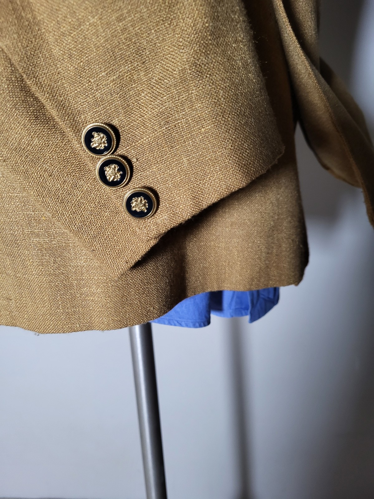Vintage 40R Golden Wheat Linen Wool Double Breast Notch Lapel Coat Jacket Blazer