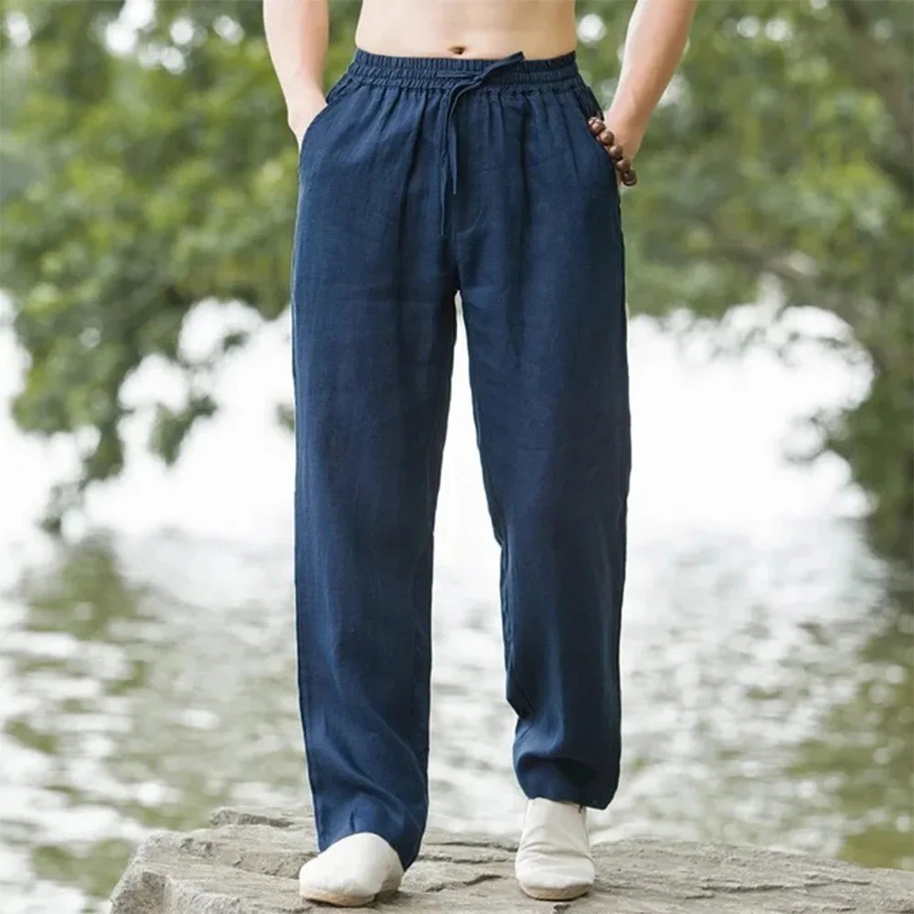Mens Cotton Linen Loose Pants Casual Drawstring Beach Yoga Baggy Long Trousers