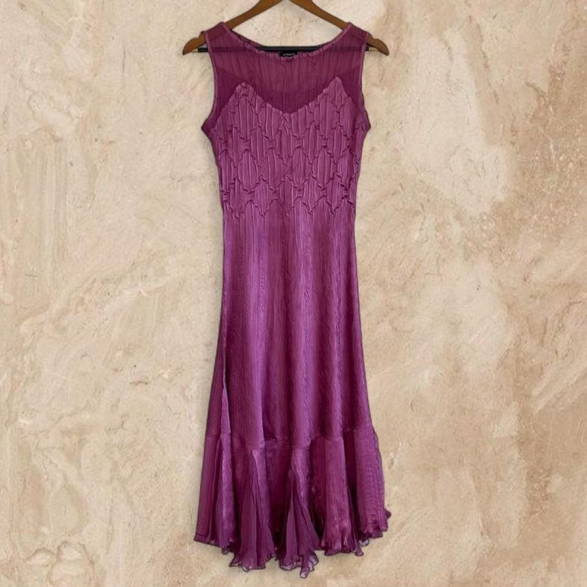 Komarov Purple Crinkle Chiffon Fairy Sleeveless Midi Dress with Smocked Bodice