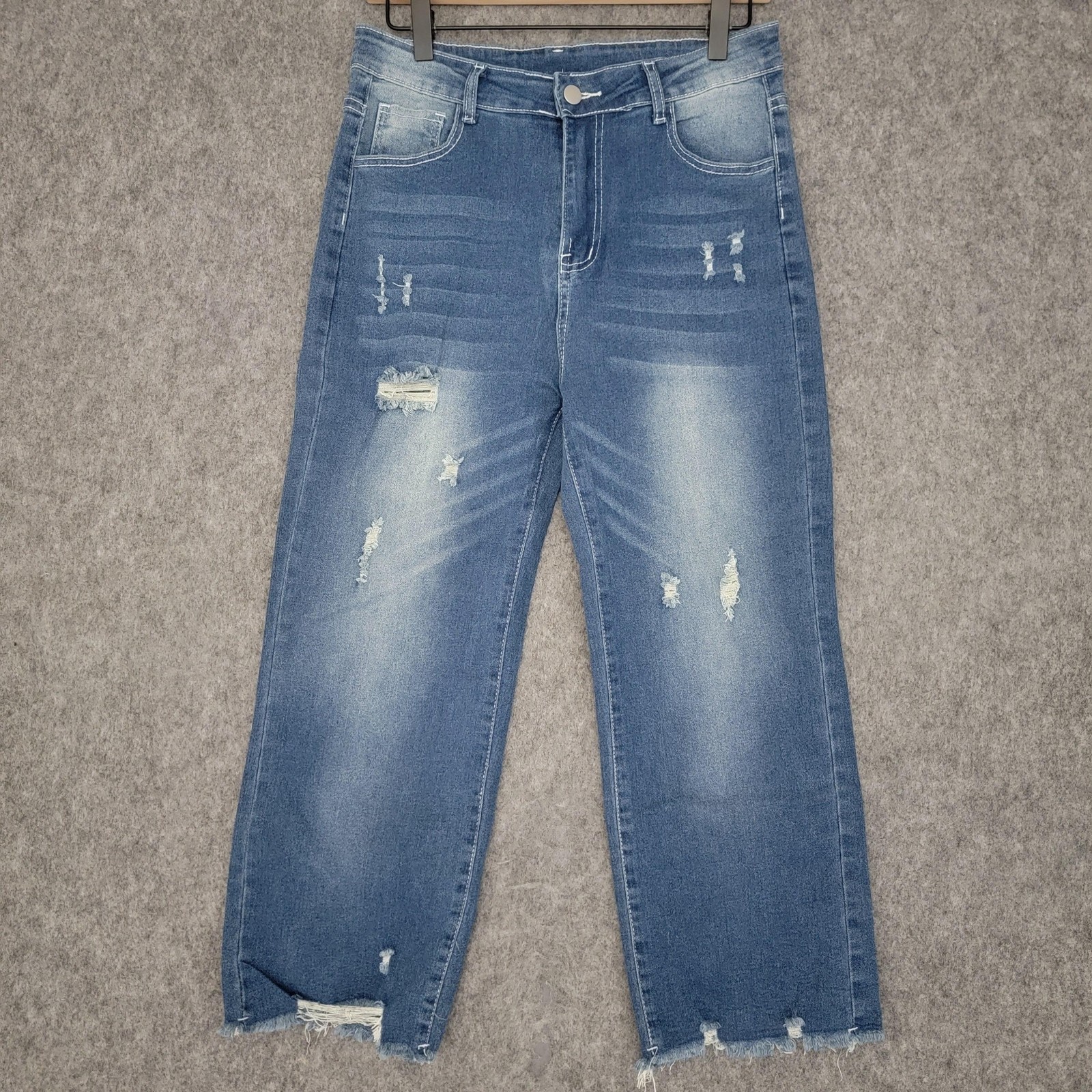 Boutique Distressed Wide Leg Jeans Womens L Blue Raw Hem Stretch High Rise