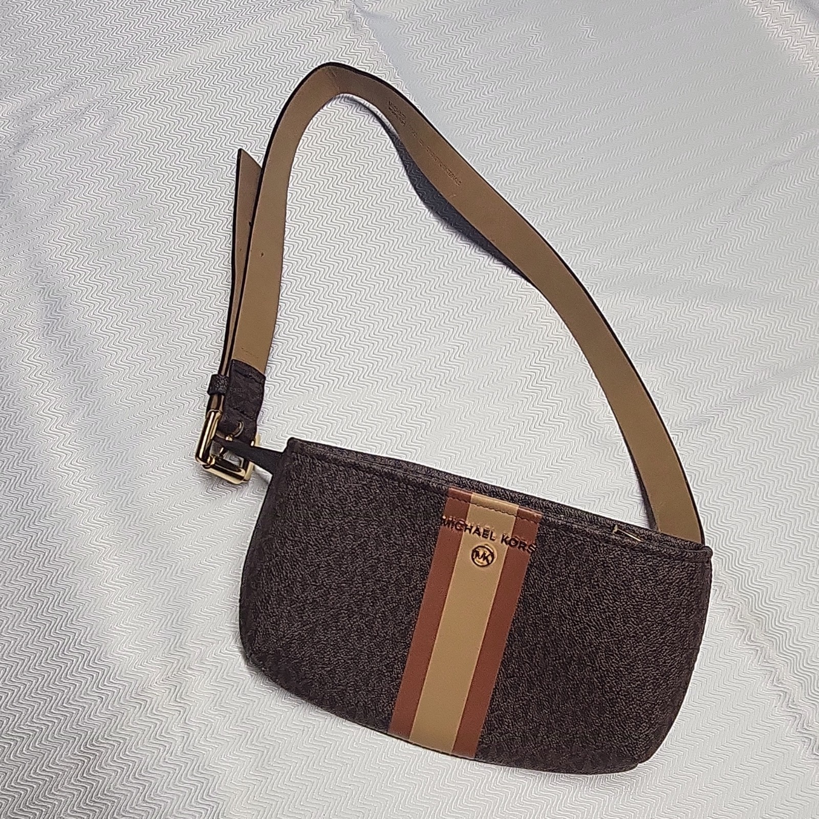 Michael Kors Brown MK Logo Small Baguette Waist Bag Zip Top Tan Strap