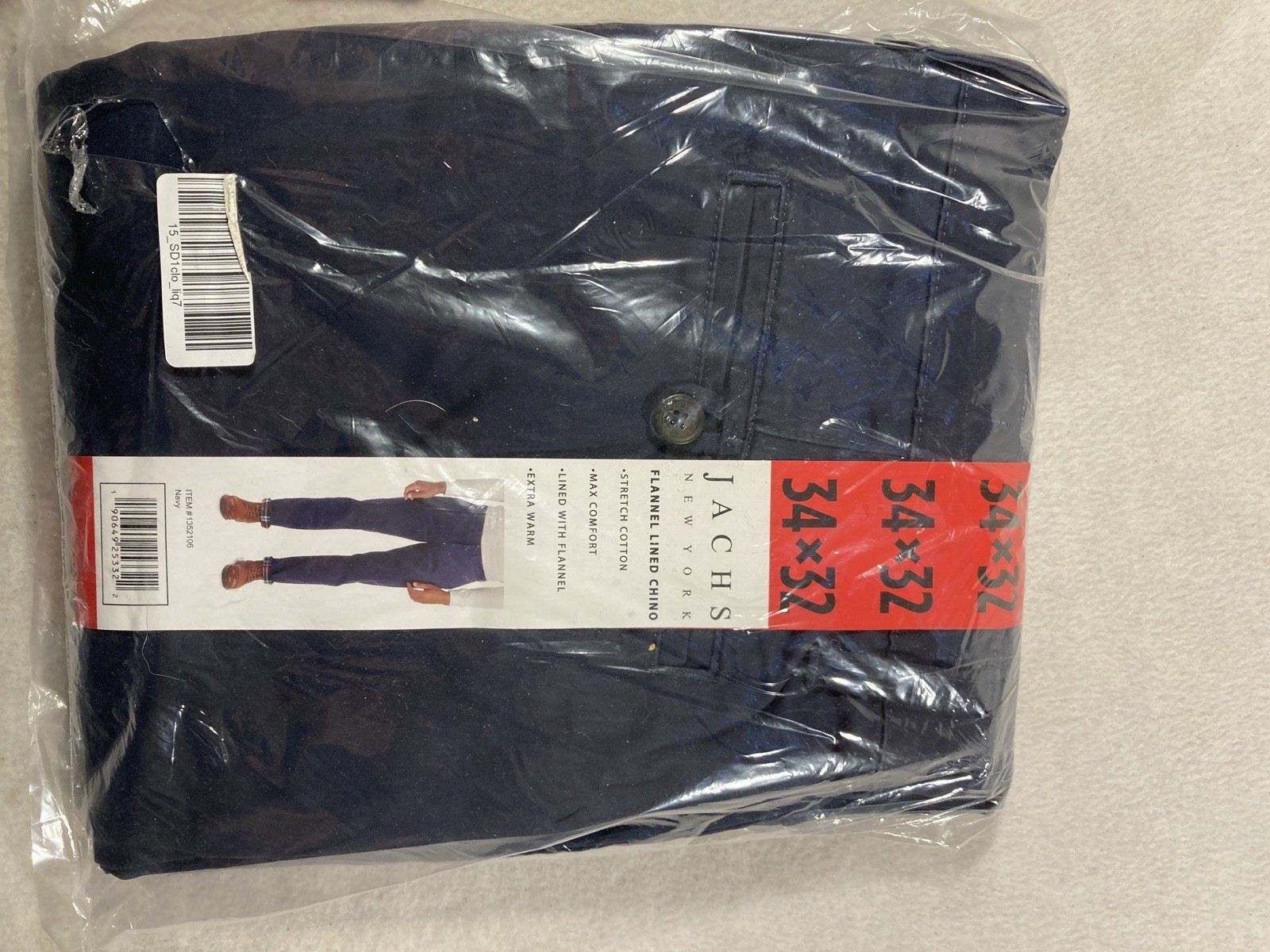 JACHS New York Men’s Navy Chino Pants 34in Waist Slim Fit Flannel Lined Stretch