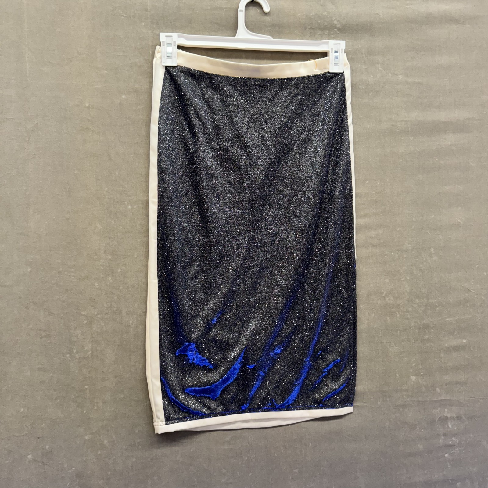12tweln Womens Skirt Large Blue Black Metallic Glitter Velvet Midi Lined Slit Pr