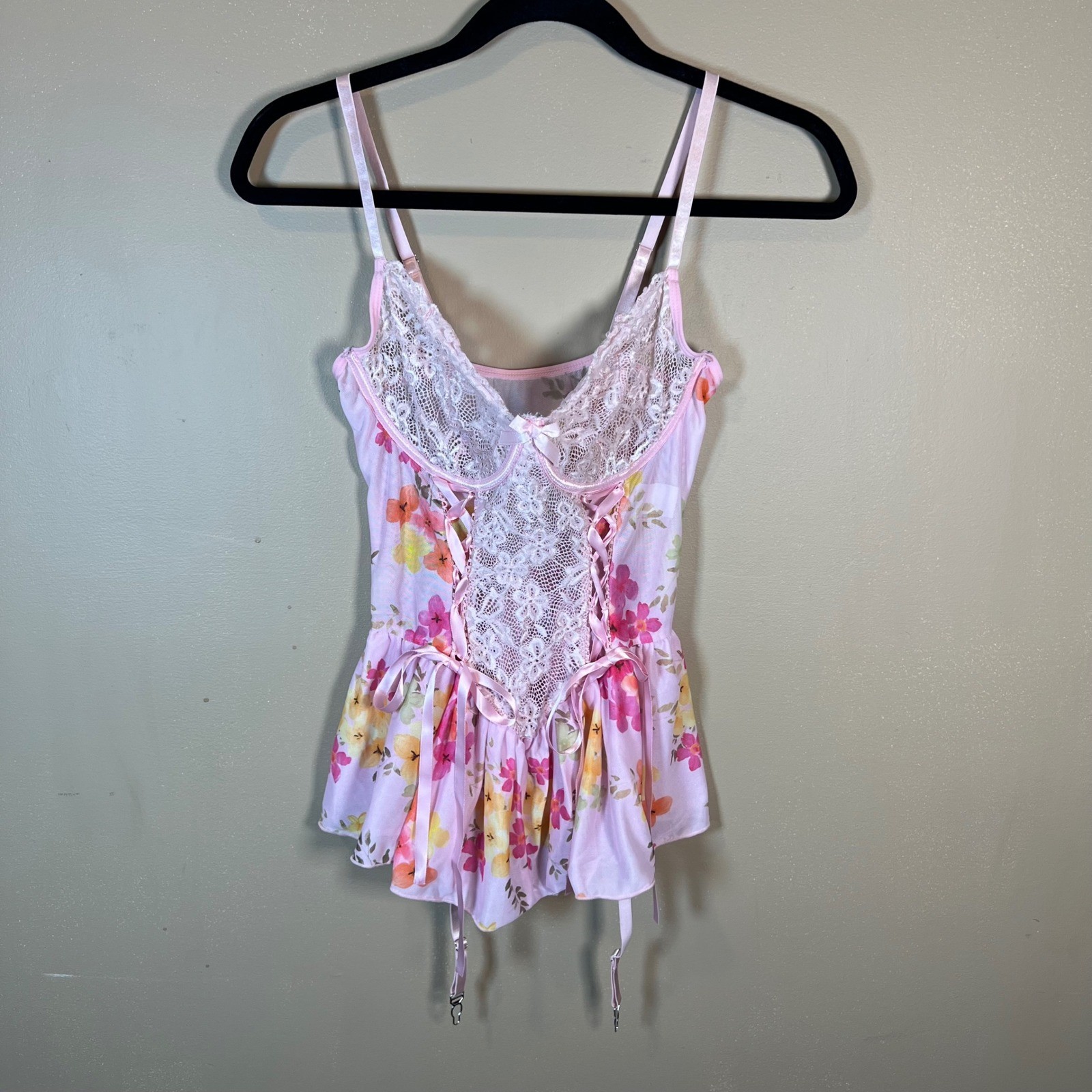 Pink Floral Lace Up Babydoll Camisole Lace Trim Garter Straps XL