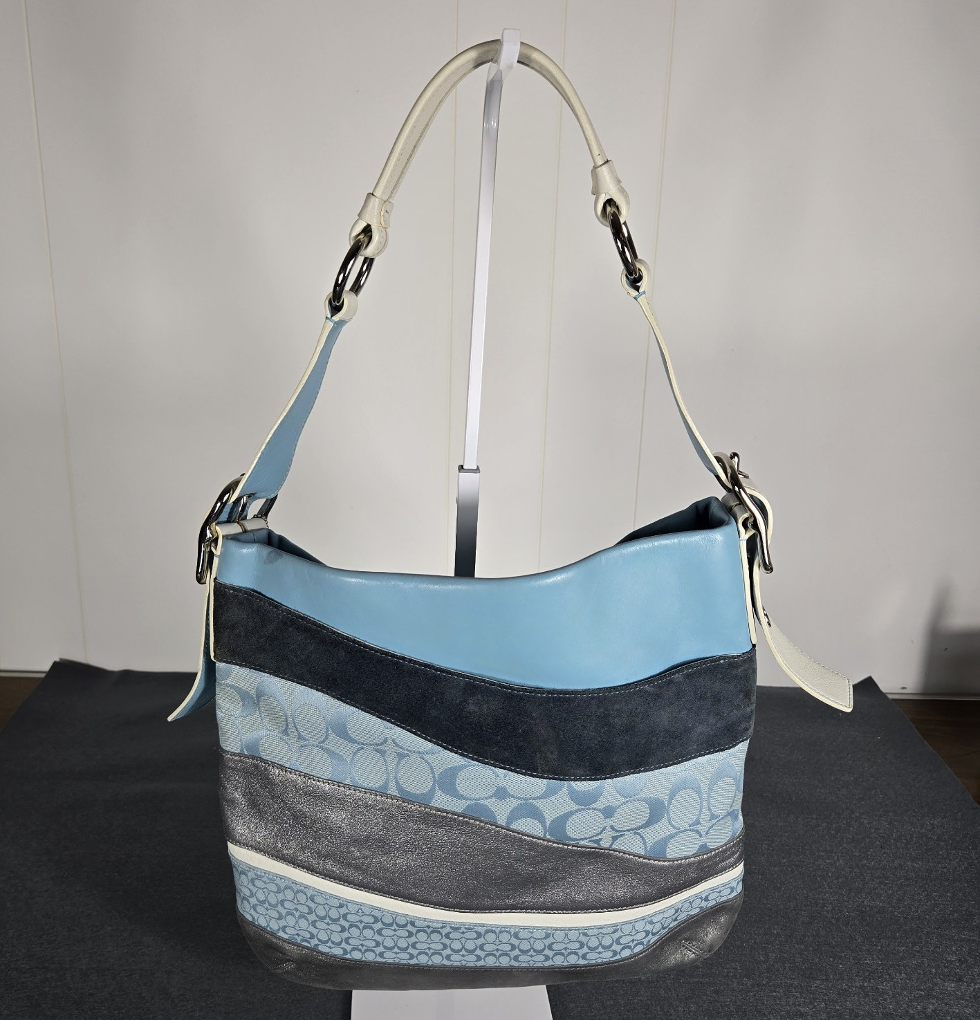 Coach Y2K Rare Vintage Signature Wave Duffle Patchwork Hobo Bag in blue