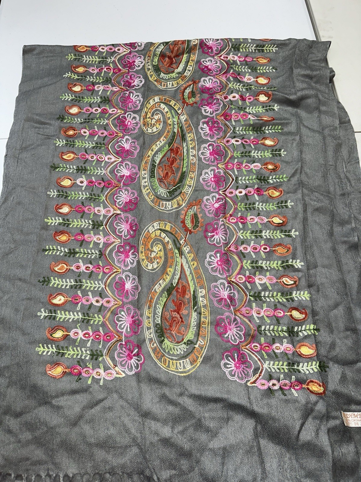 Cashmere Scarf Embroidered Wrap Shawl Paisley Floral Gray 68X26